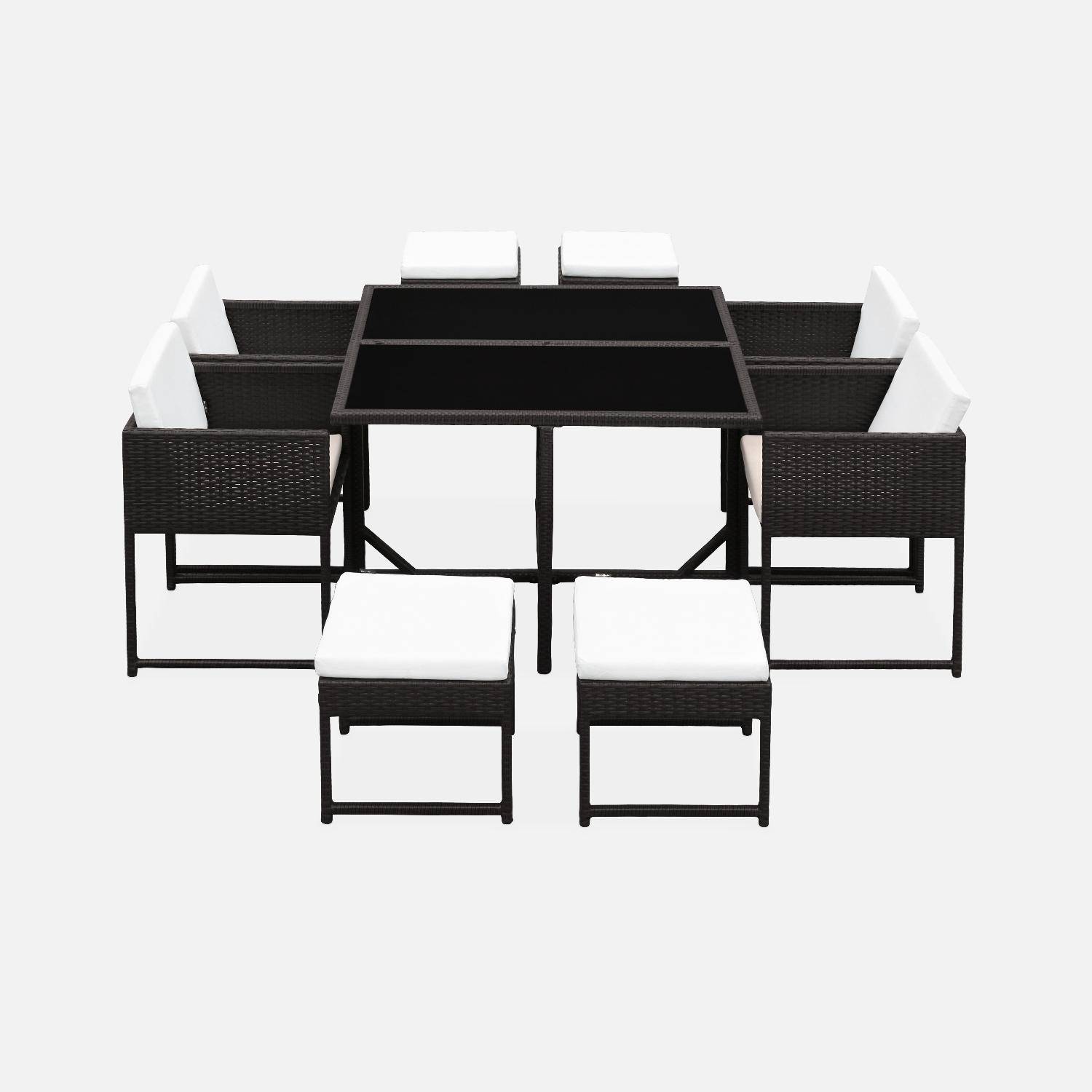 Table de jardin marron avec coussins écrus encastrable résine tressée 8 places : 4 chaises, 4 poufs 109,5 x 109,5 x 73 cm  Photo2