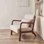 Sillón, tela beige, patas de madera de hevea teñida nogal, 1 asiento recto fijo, patas de compás escandinavas, armazón de madera maciza Photo1