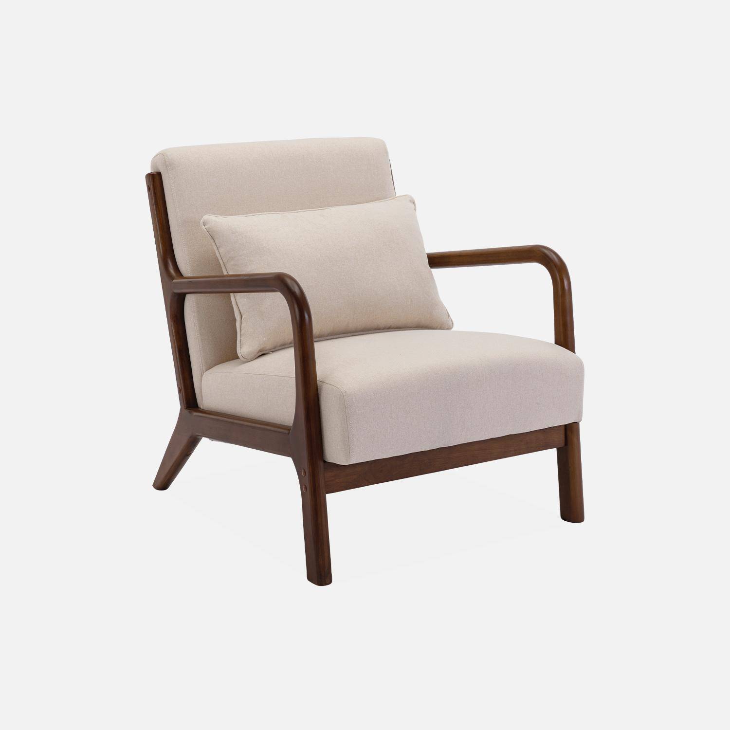 Sessel mit beigem Stoffbezug, Beine aus nussbaumfarbenem Hevea-Holz, 1-sitzig, gerade, fest, skandinavische Zirkelbeine, solides Holzgestell Photo3