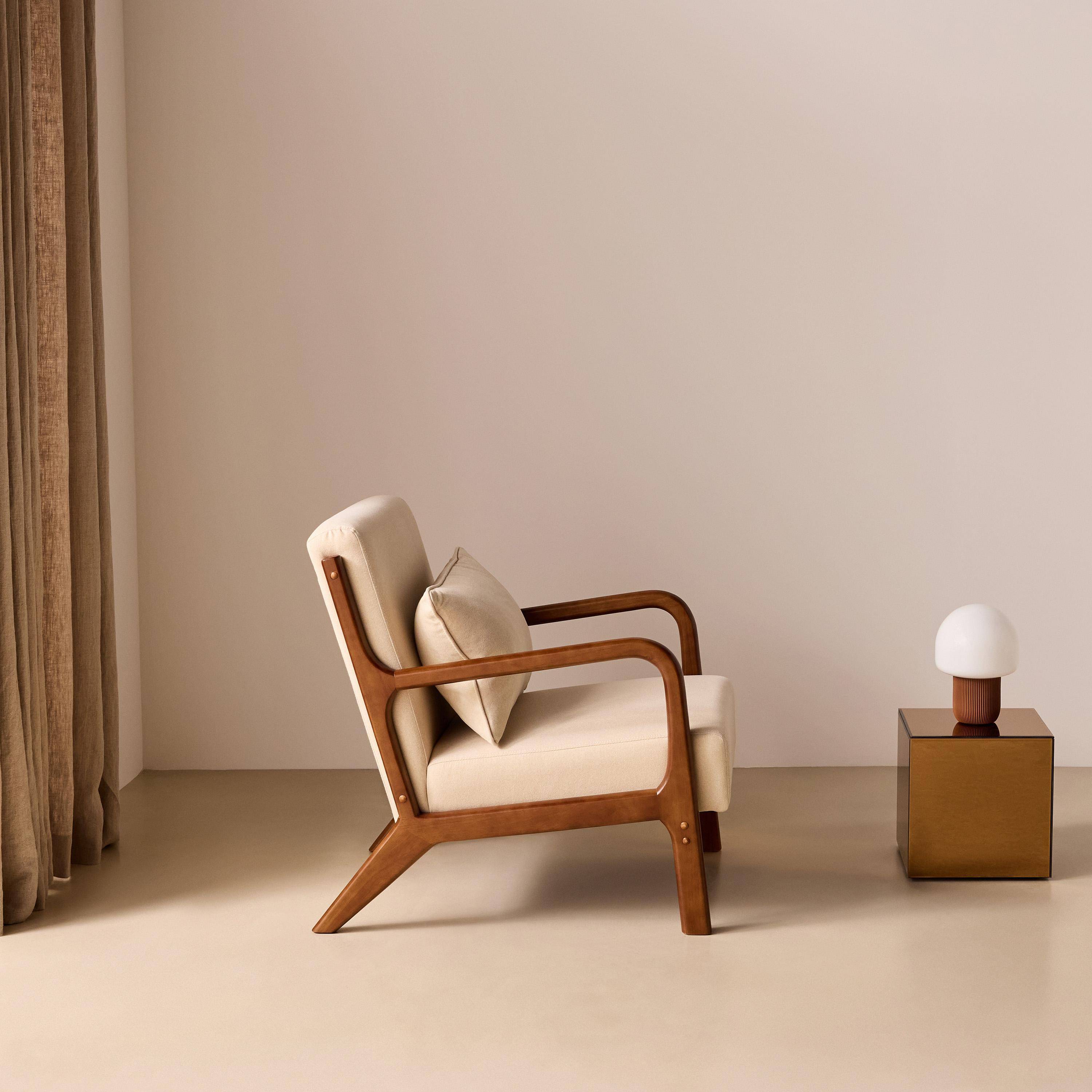 Sillón escandinavo de tela y madera de hevea, Lorens, Beige, 65x80x79 cm Photo2