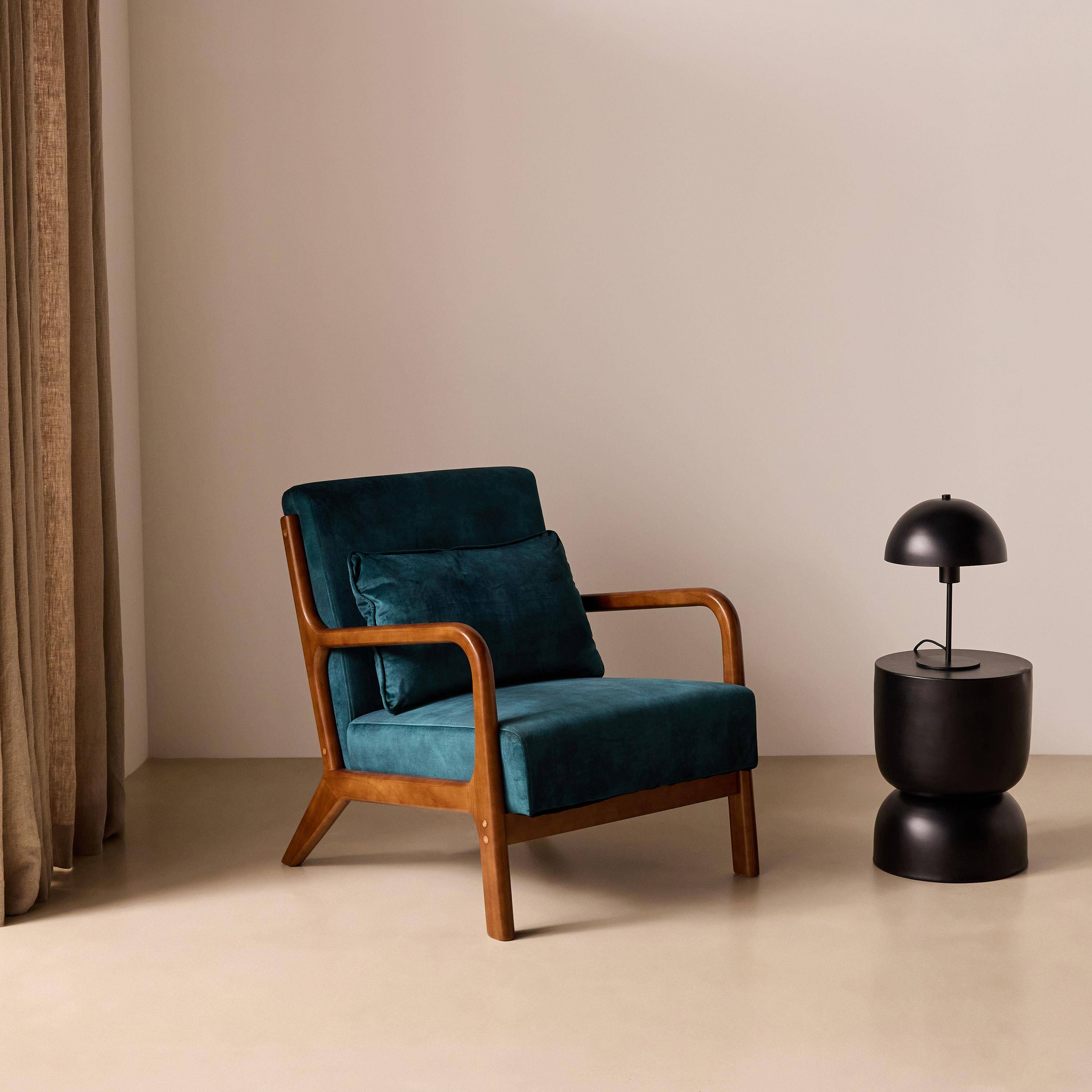 Scandinavische fauteuil met walnootkleurig hout en fluweel eendblauw - Lorens Photo1