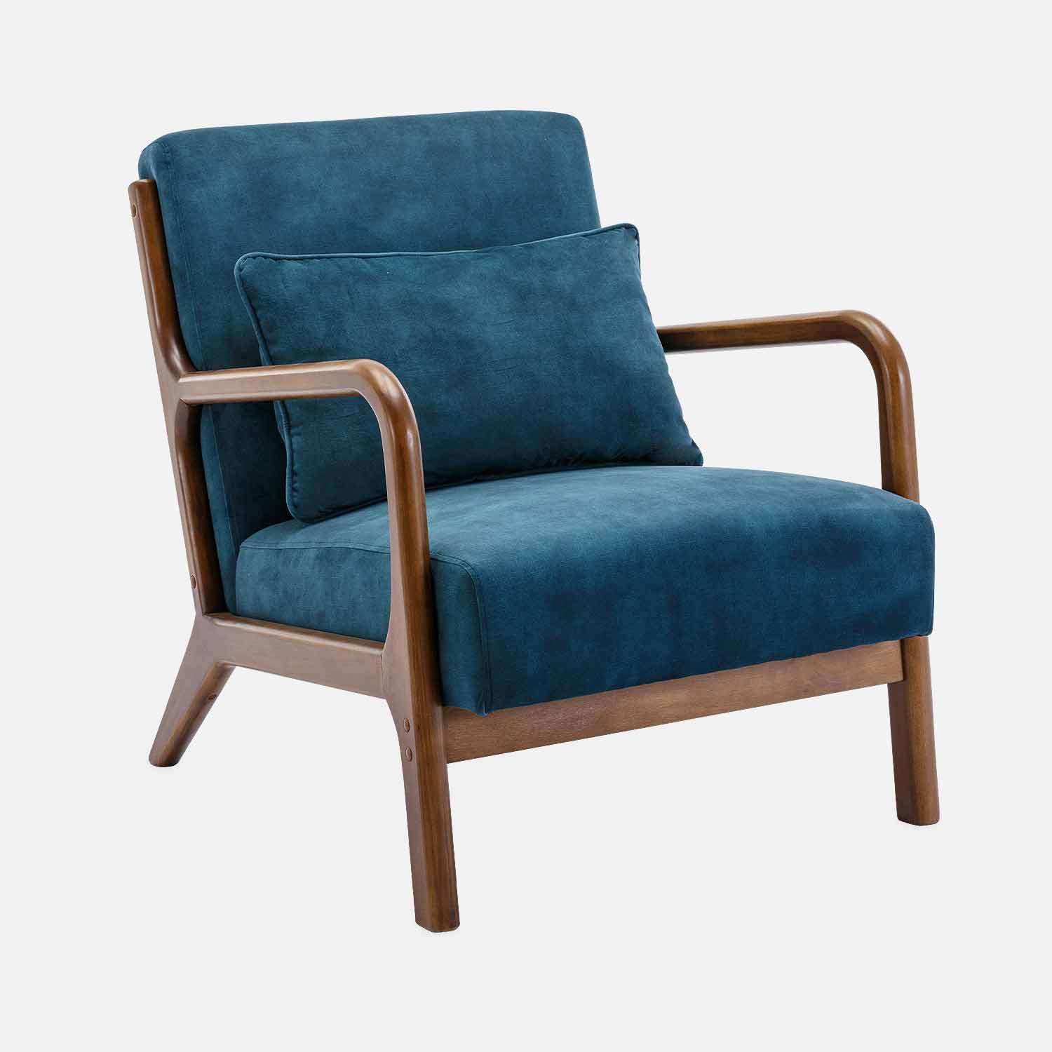 Sillón de terciopelo azul petróleo, patas de madera de hevea teñida de nogal claro, 1 asiento recto fijo, patas de compás escandinavas,sweeek,Photo4