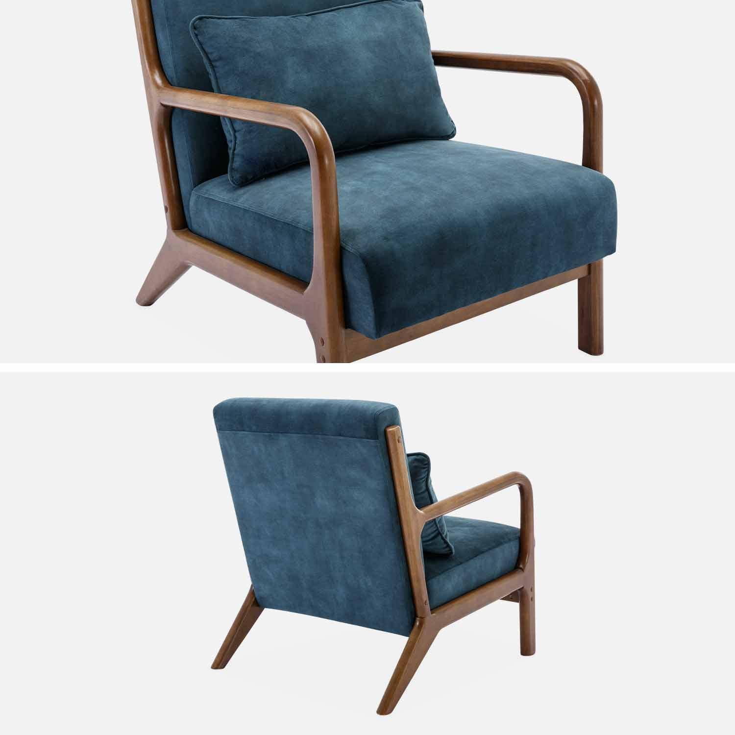 Sessel mit petrolblauem Samtbezug, Beine aus nussbaumfarbenem Hevea-Holz, 1-sitzig gerade fest, skandinavische Zirkelbeine Photo6