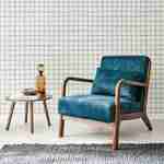 Sillón de terciopelo azul petróleo, patas de madera de hevea teñida de nogal claro, 1 asiento recto fijo, patas de compás escandinavas Photo1