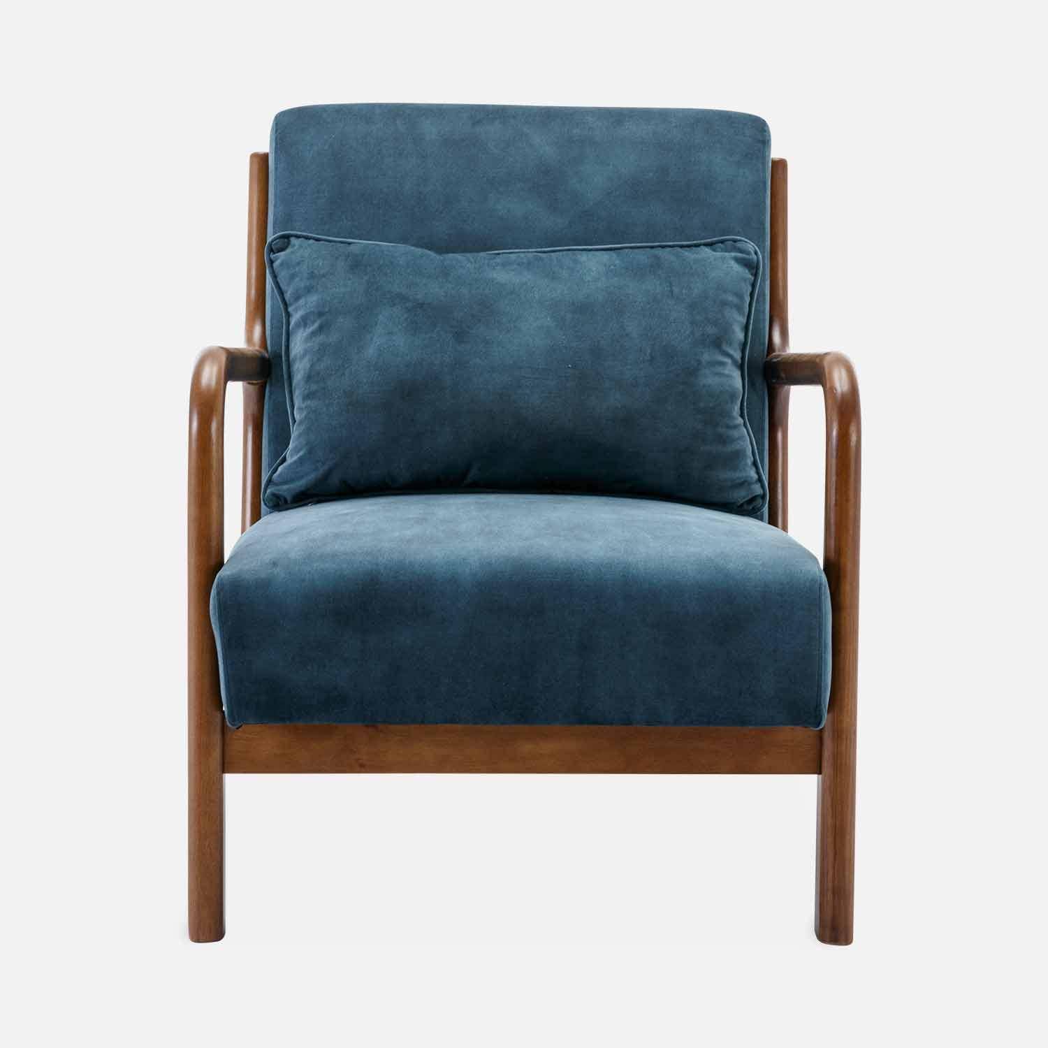 Sessel mit petrolblauem Samtbezug, Beine aus nussbaumfarbenem Hevea-Holz, 1-sitzig gerade fest, skandinavische Zirkelbeine Photo5