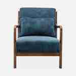 Sillón de terciopelo azul petróleo, patas de madera de hevea teñida de nogal claro, 1 asiento recto fijo, patas de compás escandinavas Photo5