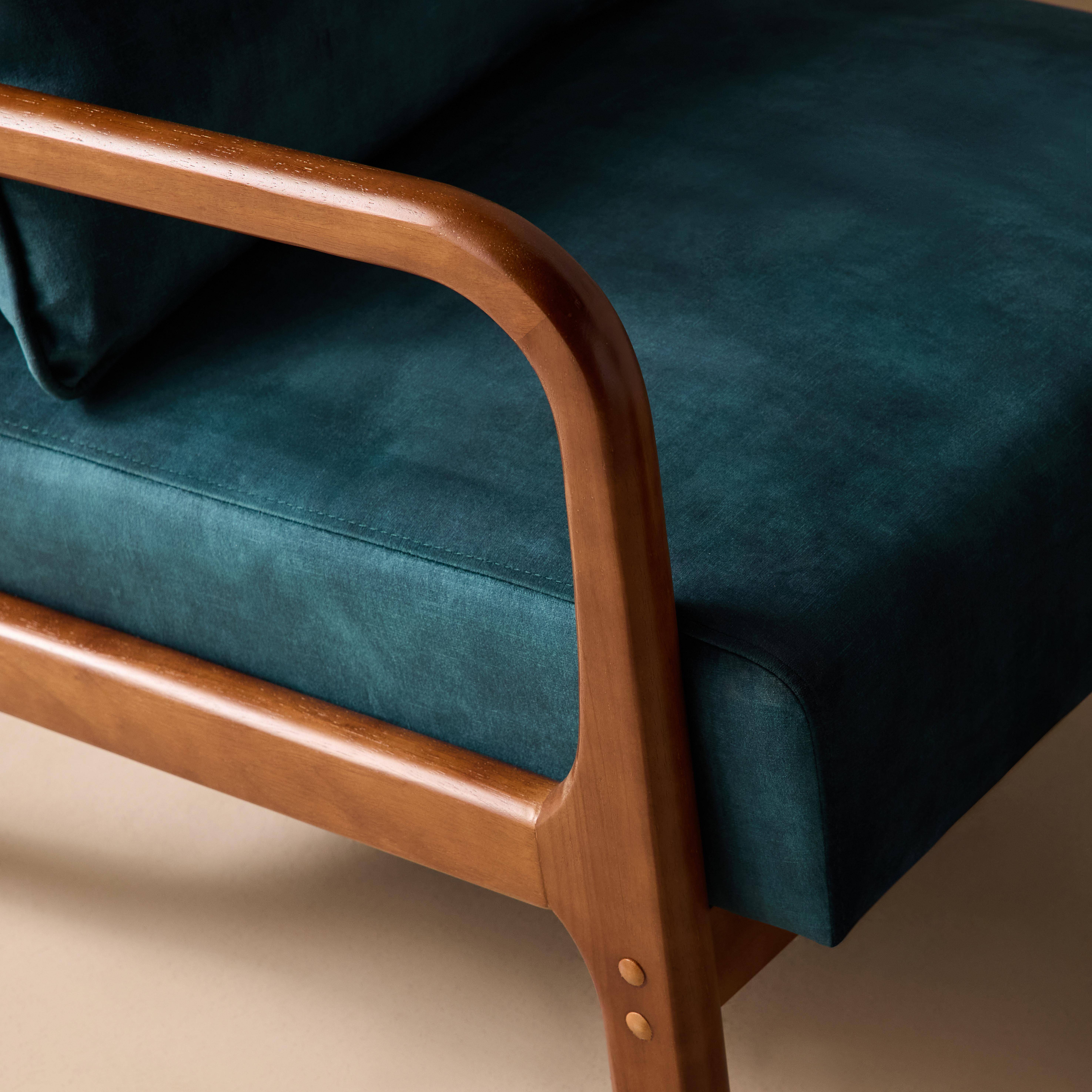 Scandinavische fauteuil met walnootkleurig hout en fluweel eendblauw - Lorens,sweeek,Photo3