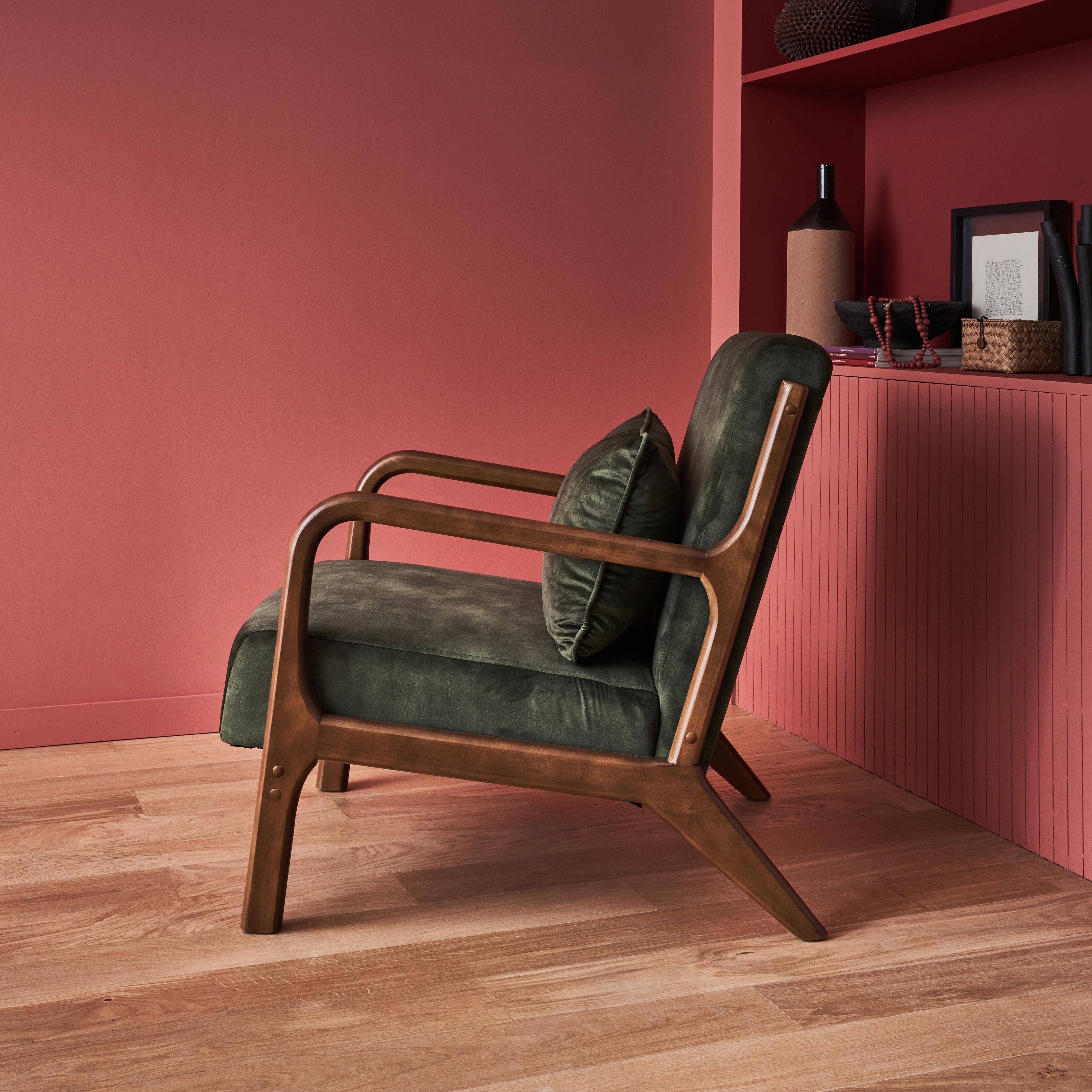 Kaki velours fauteuil, lichte walnoot gebeitste hevea houten poten, 1 vaste rechte zitting, Scandinavische kompaspoten,sweeek,Photo2