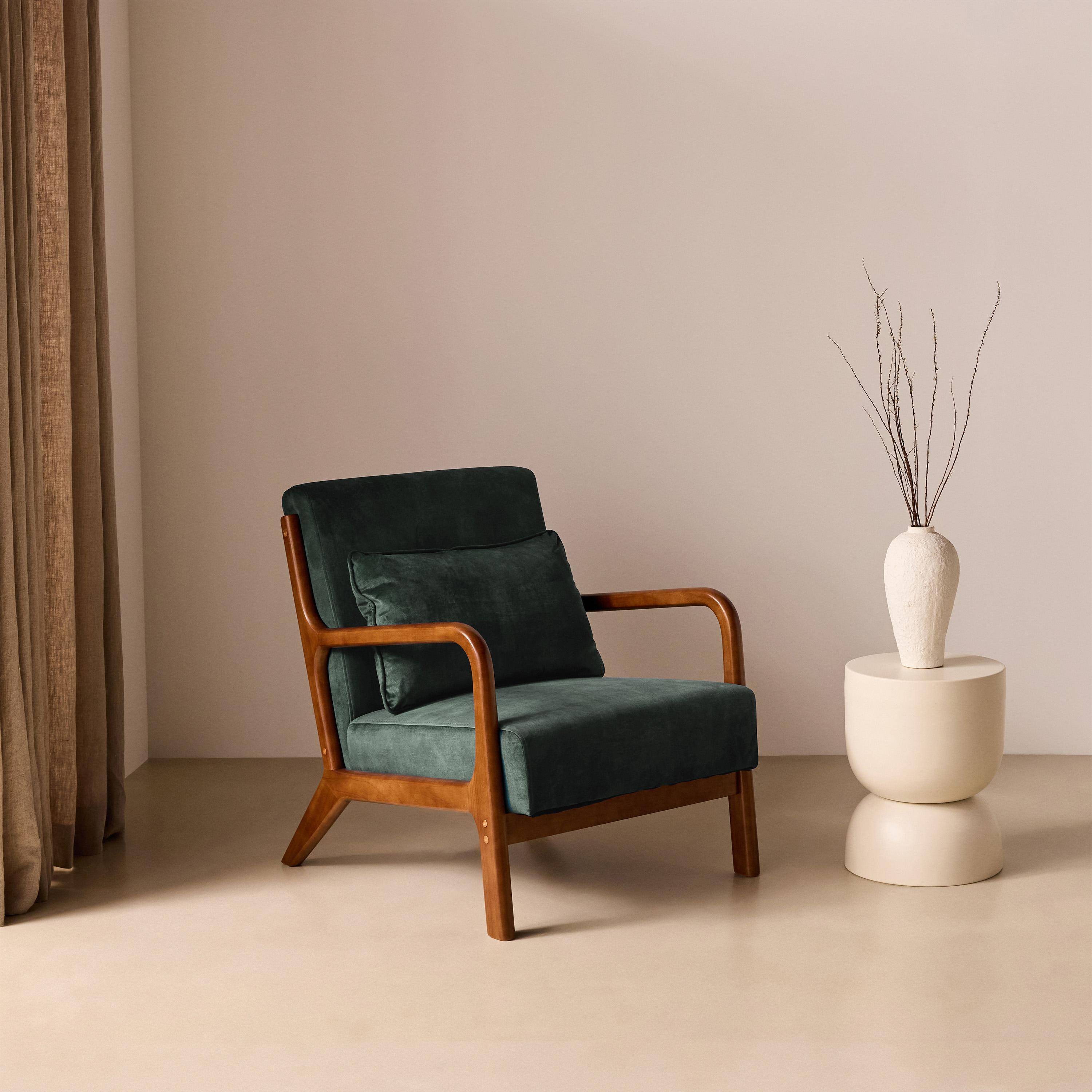 Poltrona scandinava in velluto e legno di hevea tinto noce scuro, Lorens velluto, Cachi scuro, 65x80x79 cm,sweeek,Photo1