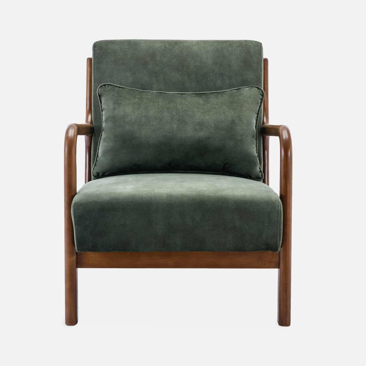 Sessel mit khakifarbenem Samtbezug, Beine aus Hevea-Holz, hell nussbaumfarben, 1-sitzig gerade fest, skandinavische Zirkelbeine,sweeek,Photo4