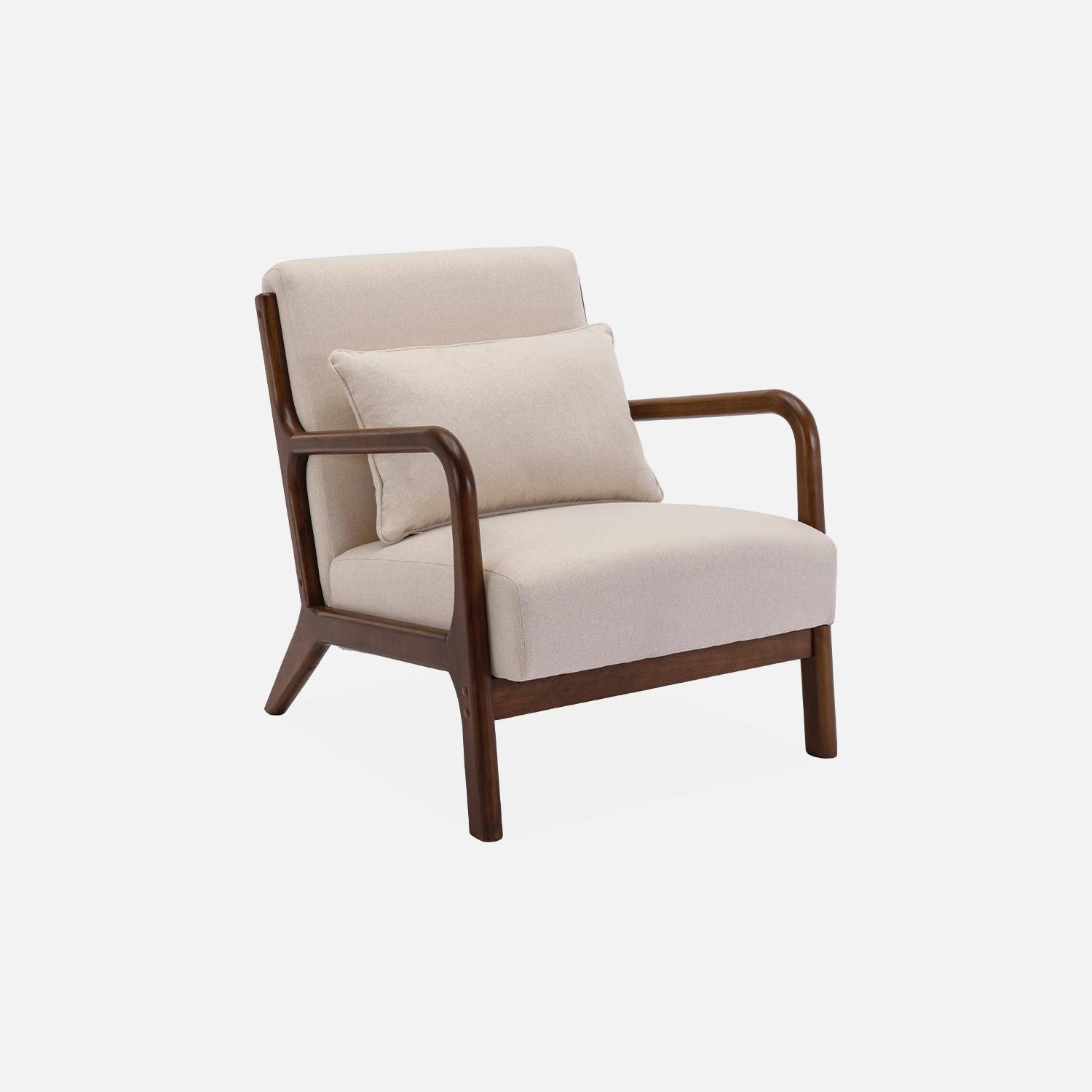 2-zitsbank + fauteuil in hout en beige stof, licht walnoot gebeitst heveahout Photo5