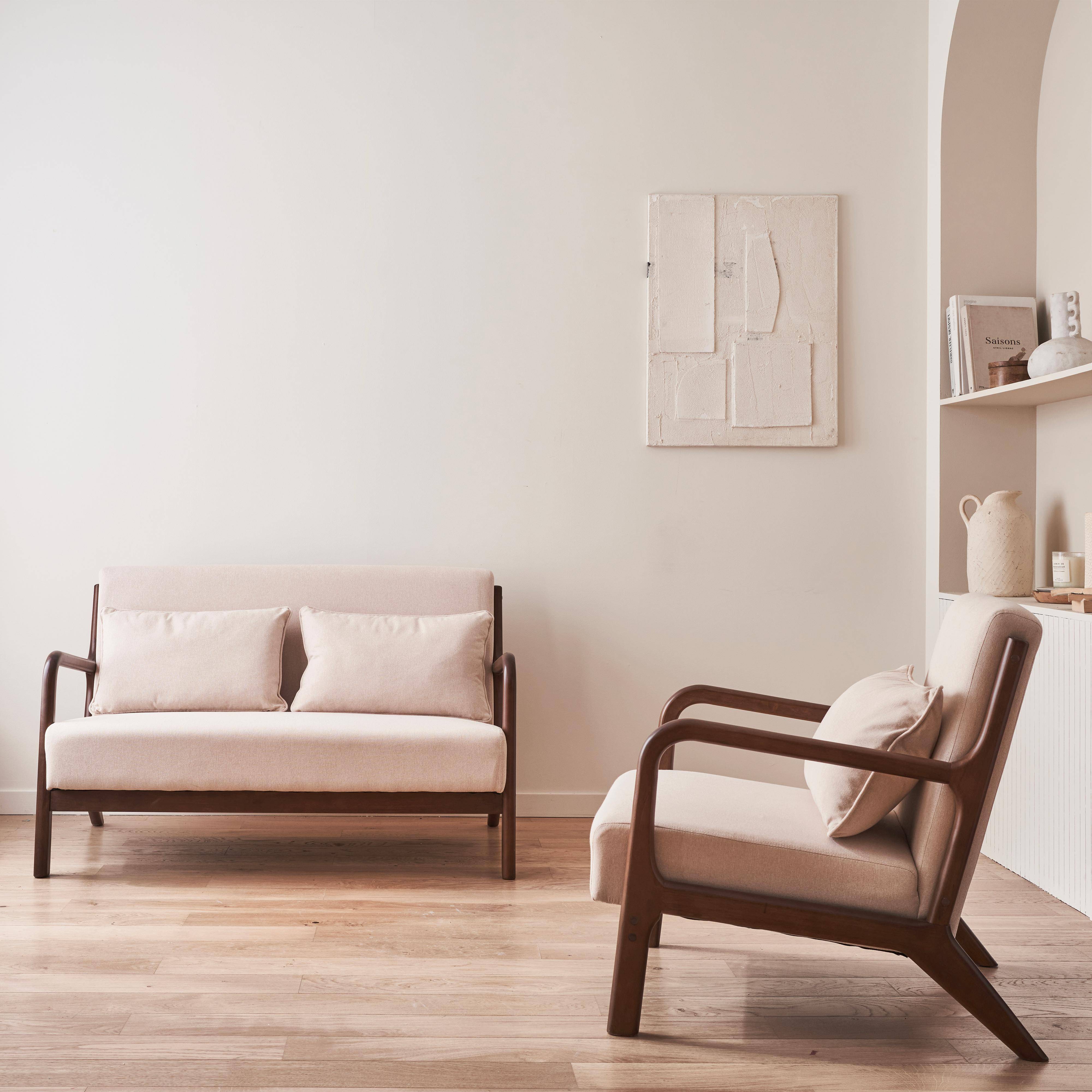 2-zitsbank + fauteuil in hout en beige stof, licht walnoot gebeitst heveahout Photo2
