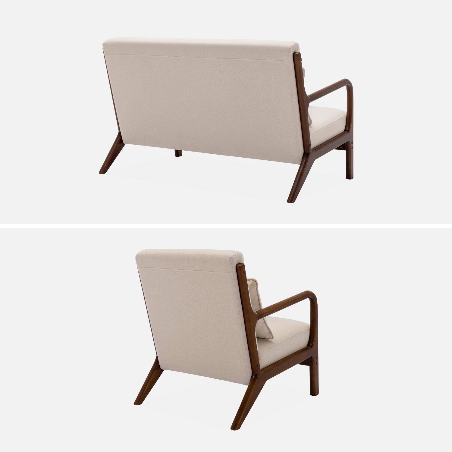 2-zitsbank + fauteuil in hout en beige stof, licht walnoot gebeitst heveahout Photo6