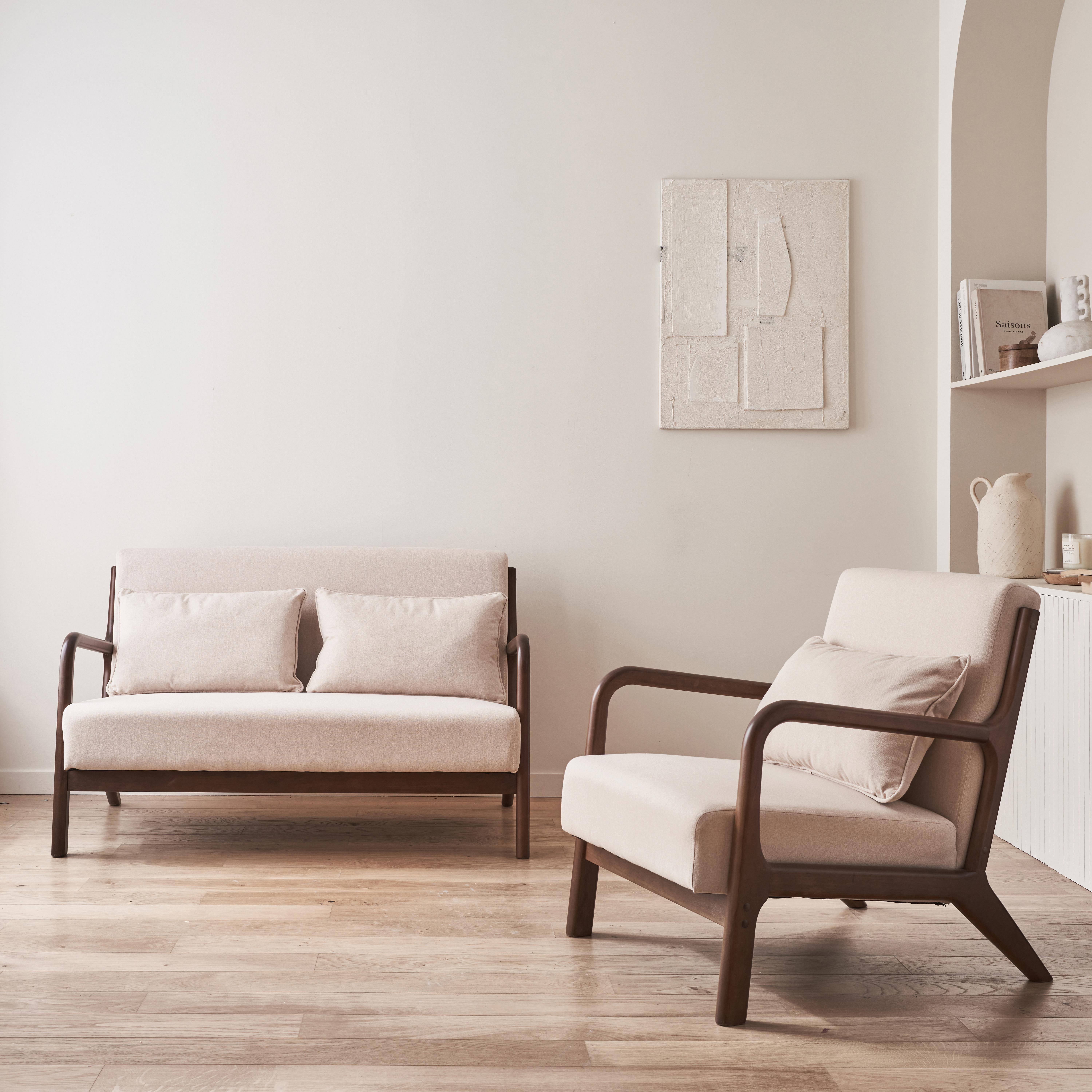 2-zitsbank + fauteuil in hout en beige stof, licht walnoot gebeitst heveahout Photo1