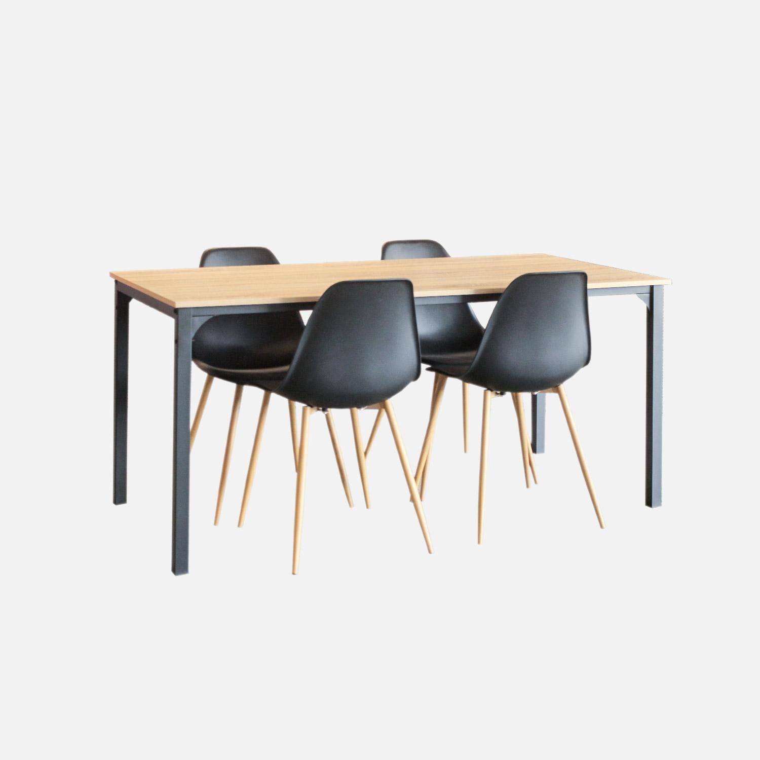 Esstisch Loft rechteckig Metall Holzdekor + Satz von 4 skandinavischen Stühlen schwarz Photo2