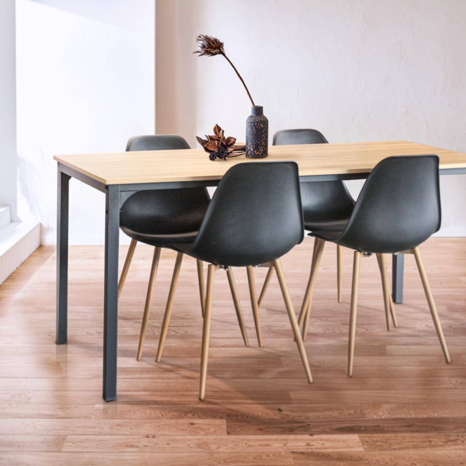 Esstisch Loft rechteckig Metall Holzdekor + Satz von 4 skandinavischen Stühlen schwarz Photo1
