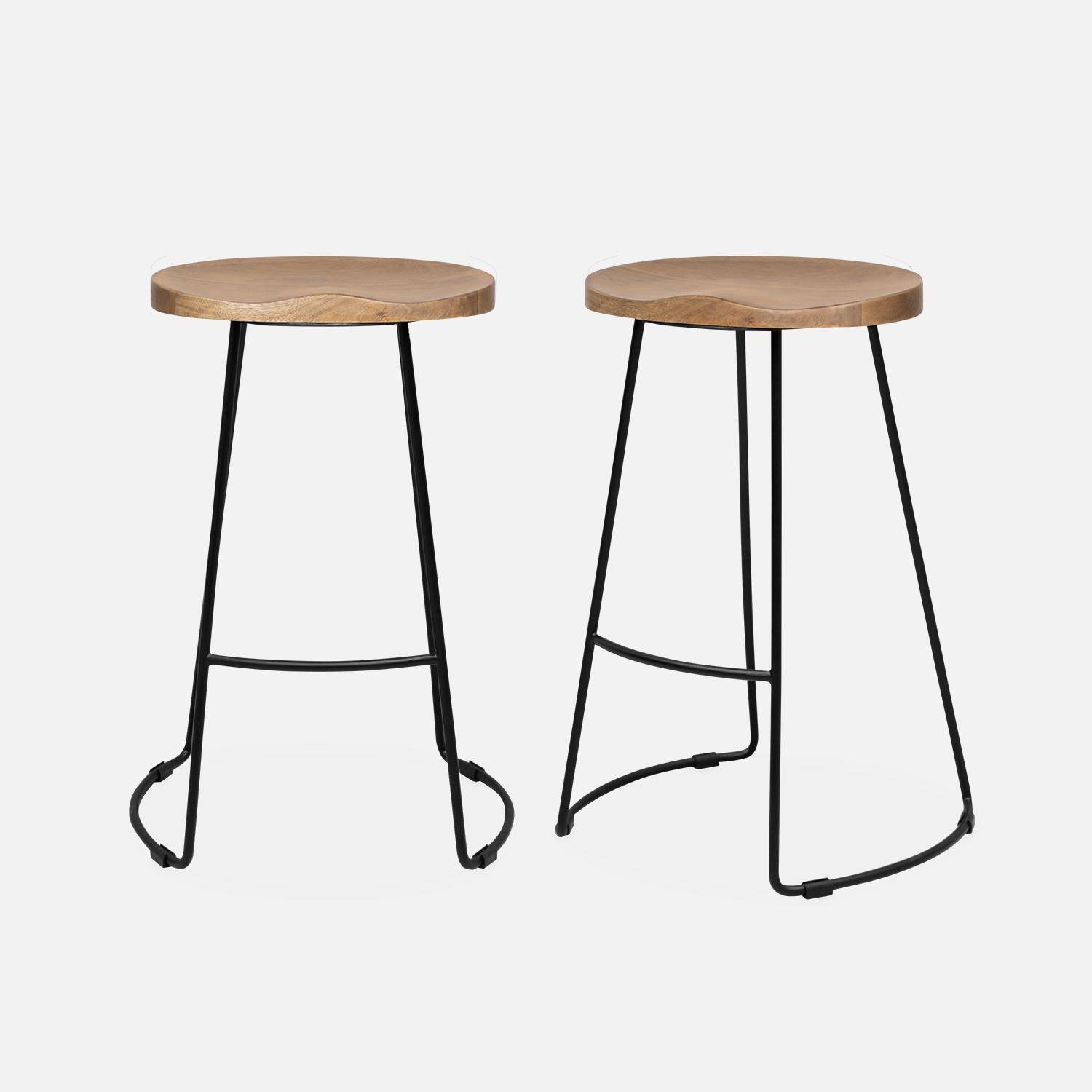 Pair of industrial metal and wooden bar stools, 44x36x65cm, Jaya, Natural, Mango wood seat, black metal legs,sweeek,Photo3