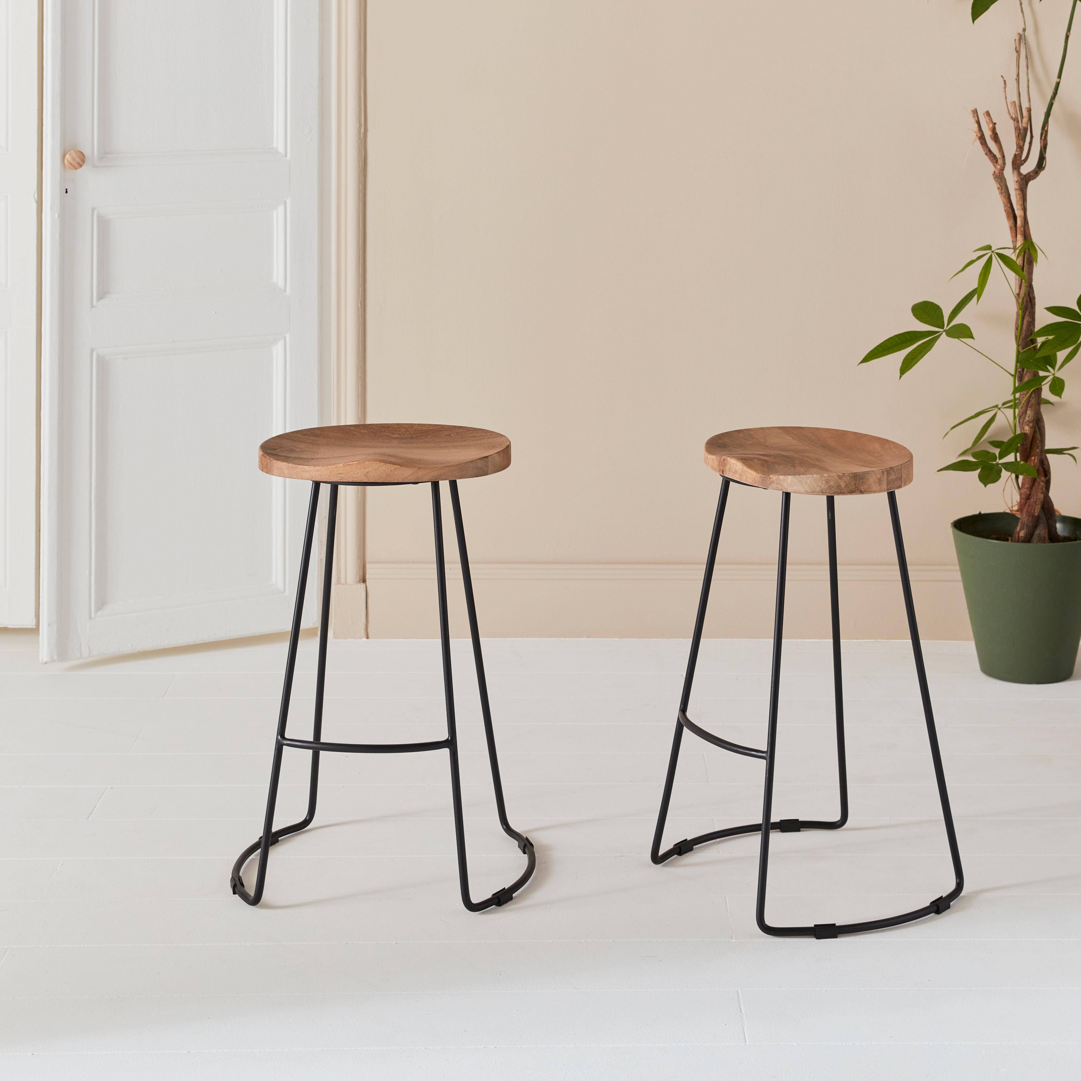 Pair of industrial metal and wooden bar stools, 44x36x65cm, Jaya, Natural, Mango wood seat, black metal legs,sweeek,Photo1