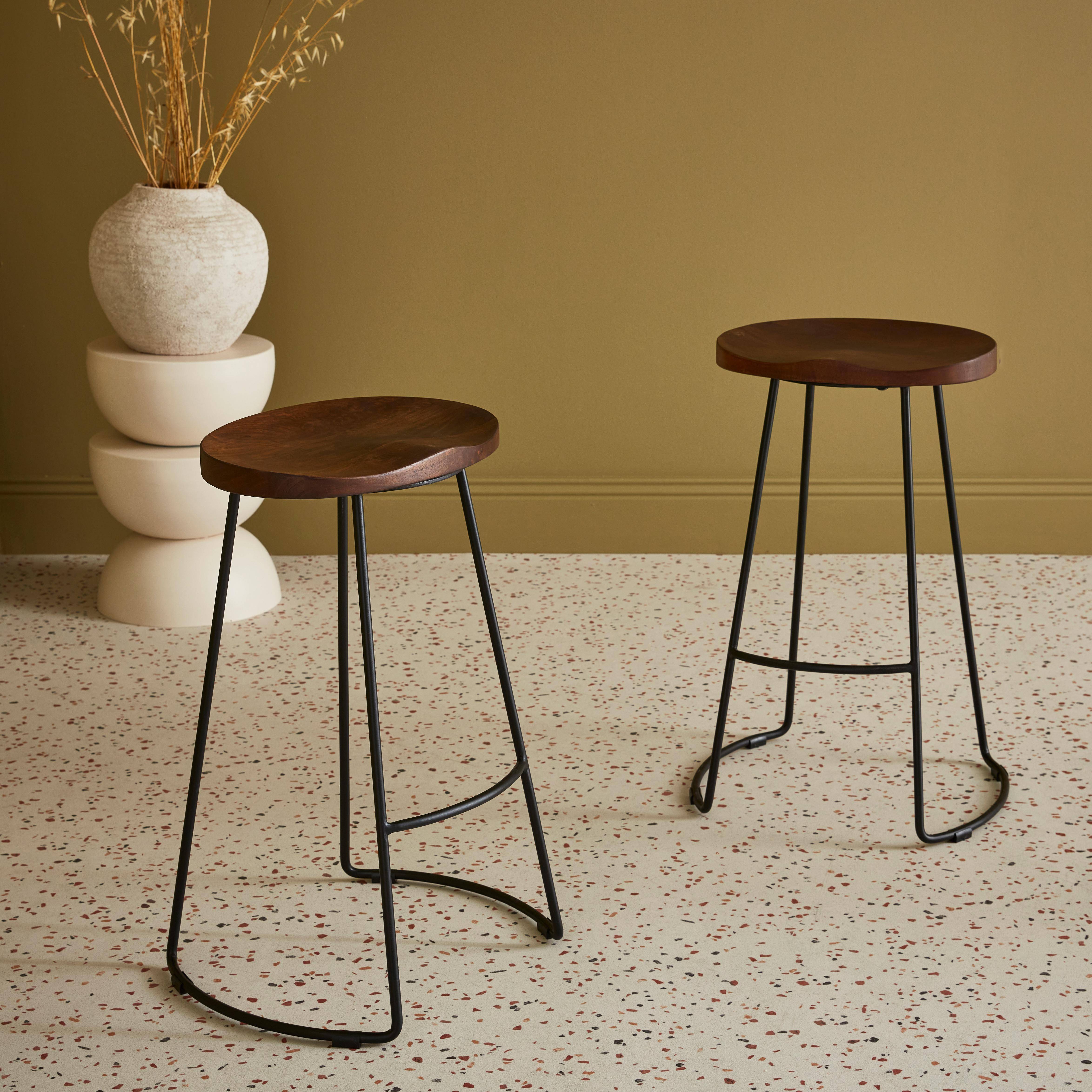 Pair of industrial metal and wooden bar stools, 44x36x65cm, Jaya, Light Walnut, Mango wood seat, black metal legs,sweeek,Photo1