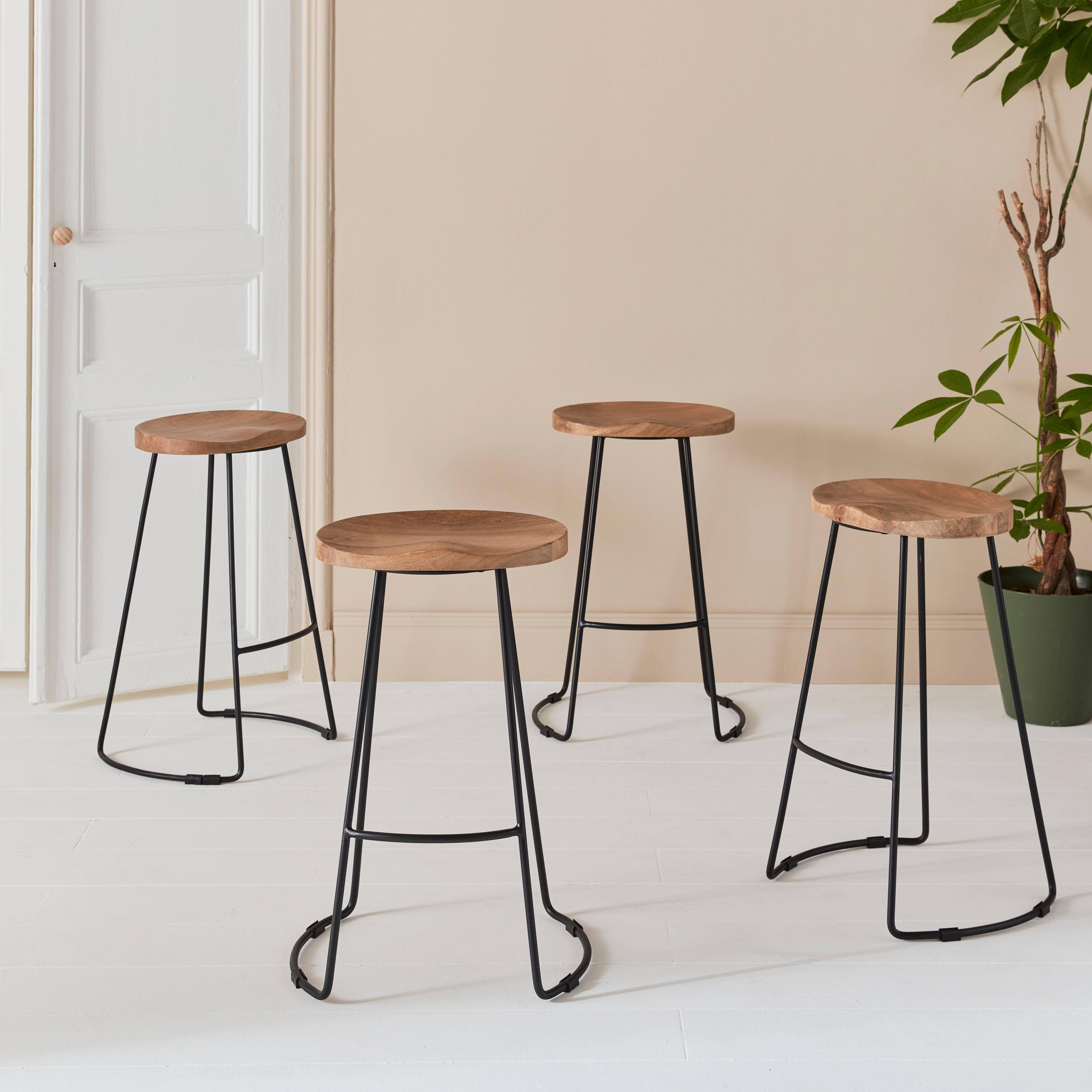 Set of 4 industrial metal and wooden bar stools, 44x36x65cm, Jaya, Mango wood seat, black metal legs,sweeek,Photo1
