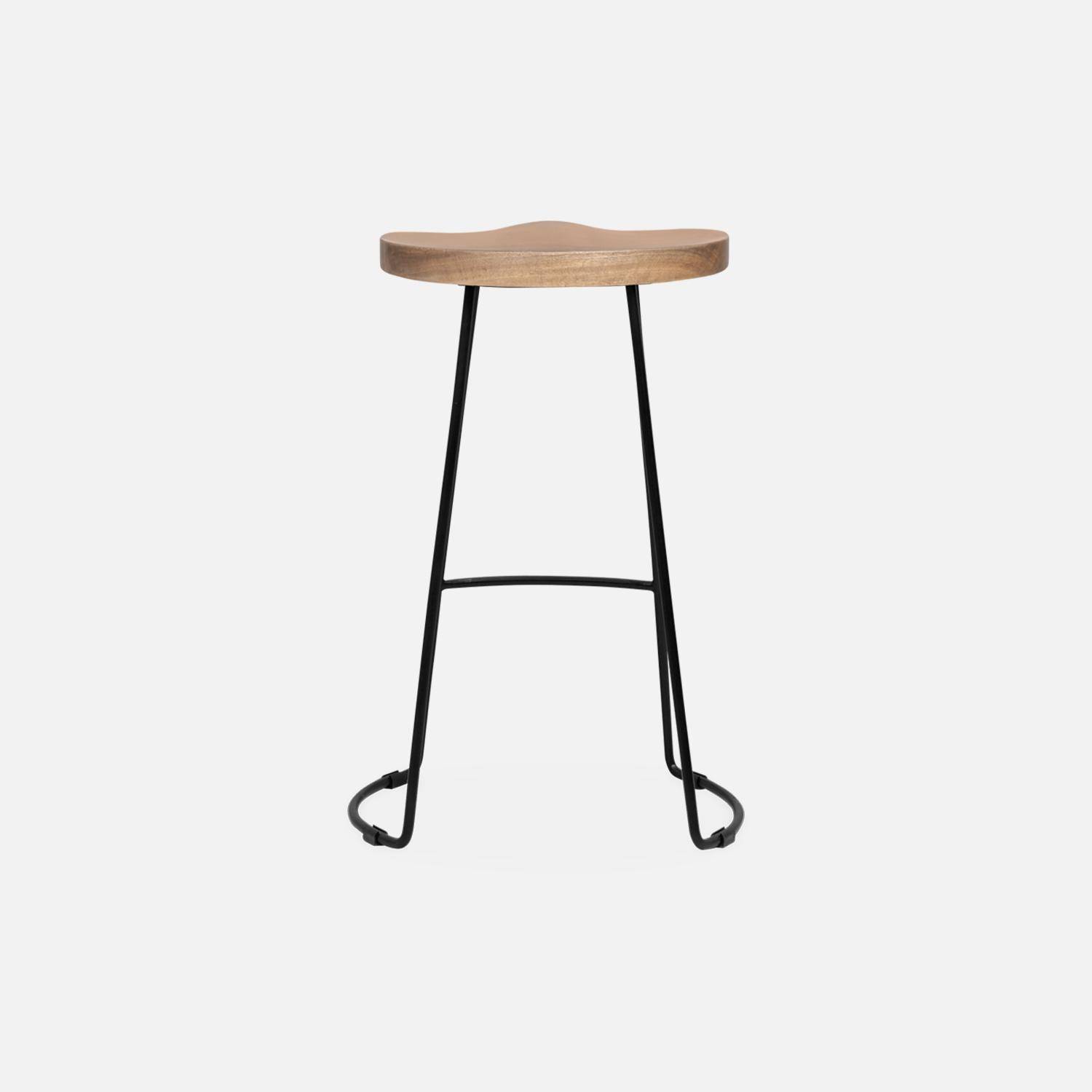 Set of 4 industrial metal and wooden bar stools, 44x36x65cm, Jaya, Mango wood seat, black metal legs Photo6