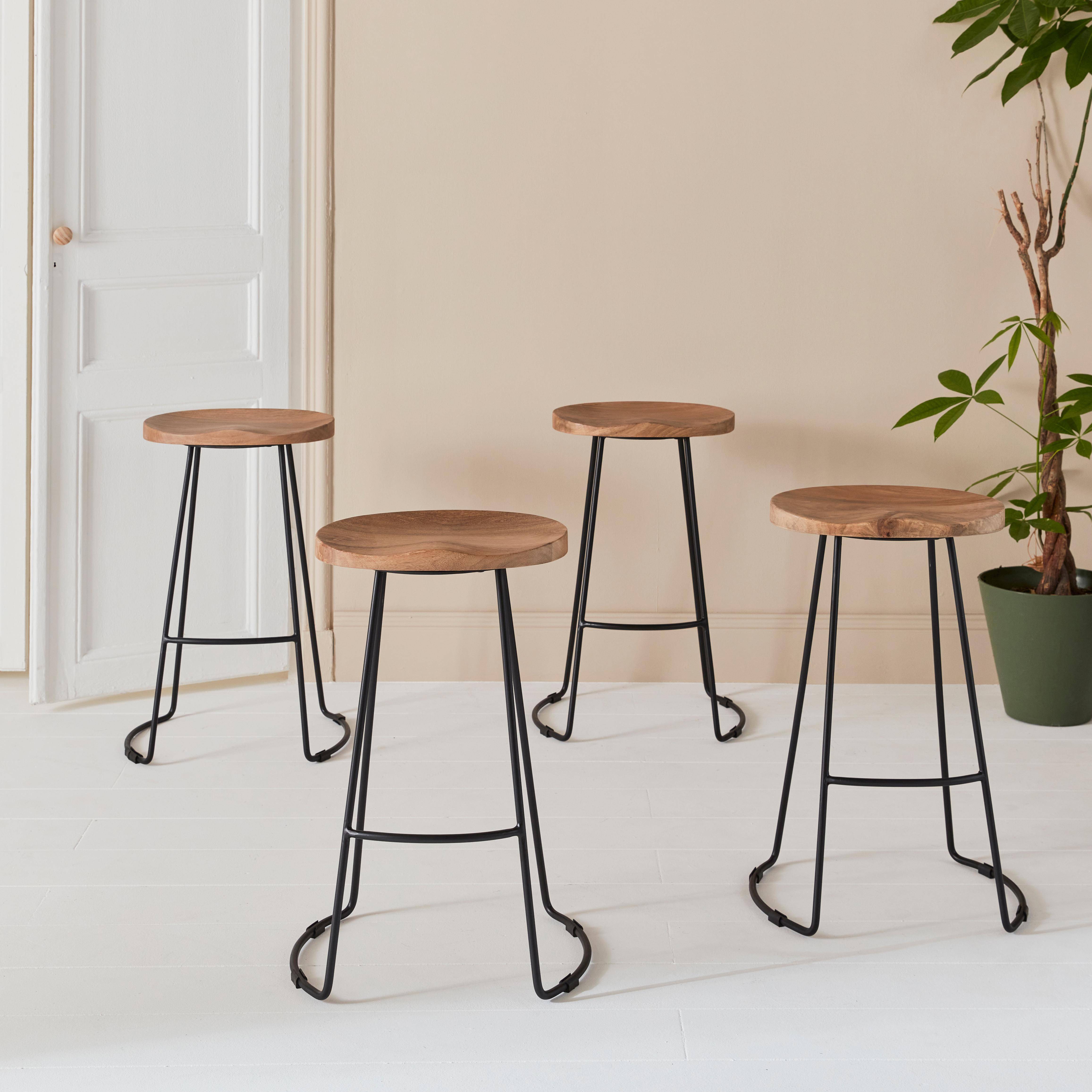 Set of 4 industrial metal and wooden bar stools, 44x36x65cm, Jaya, Mango wood seat, black metal legs,sweeek,Photo2