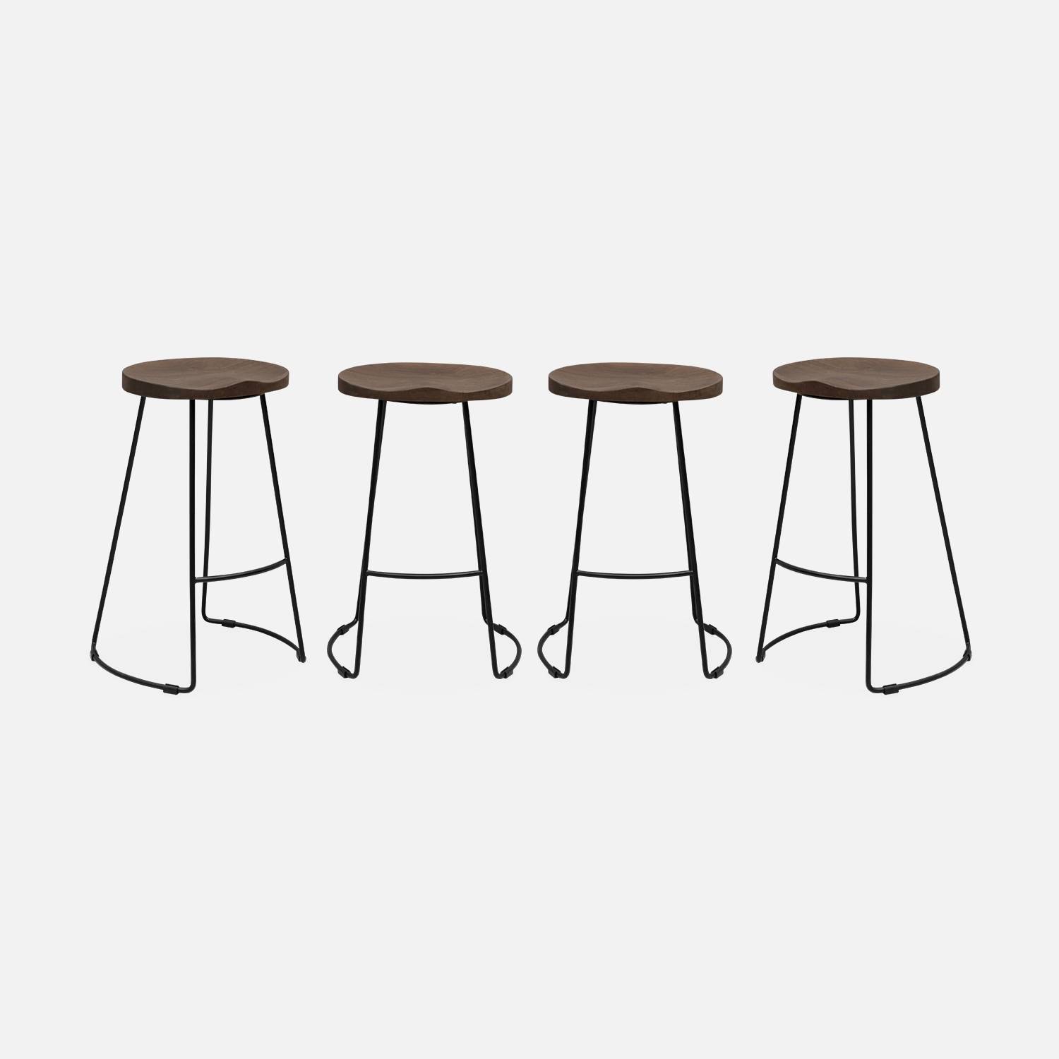Set of 4 industrial metal and wooden bar stools, 44x36x65cm, Light Walnut | sweeek