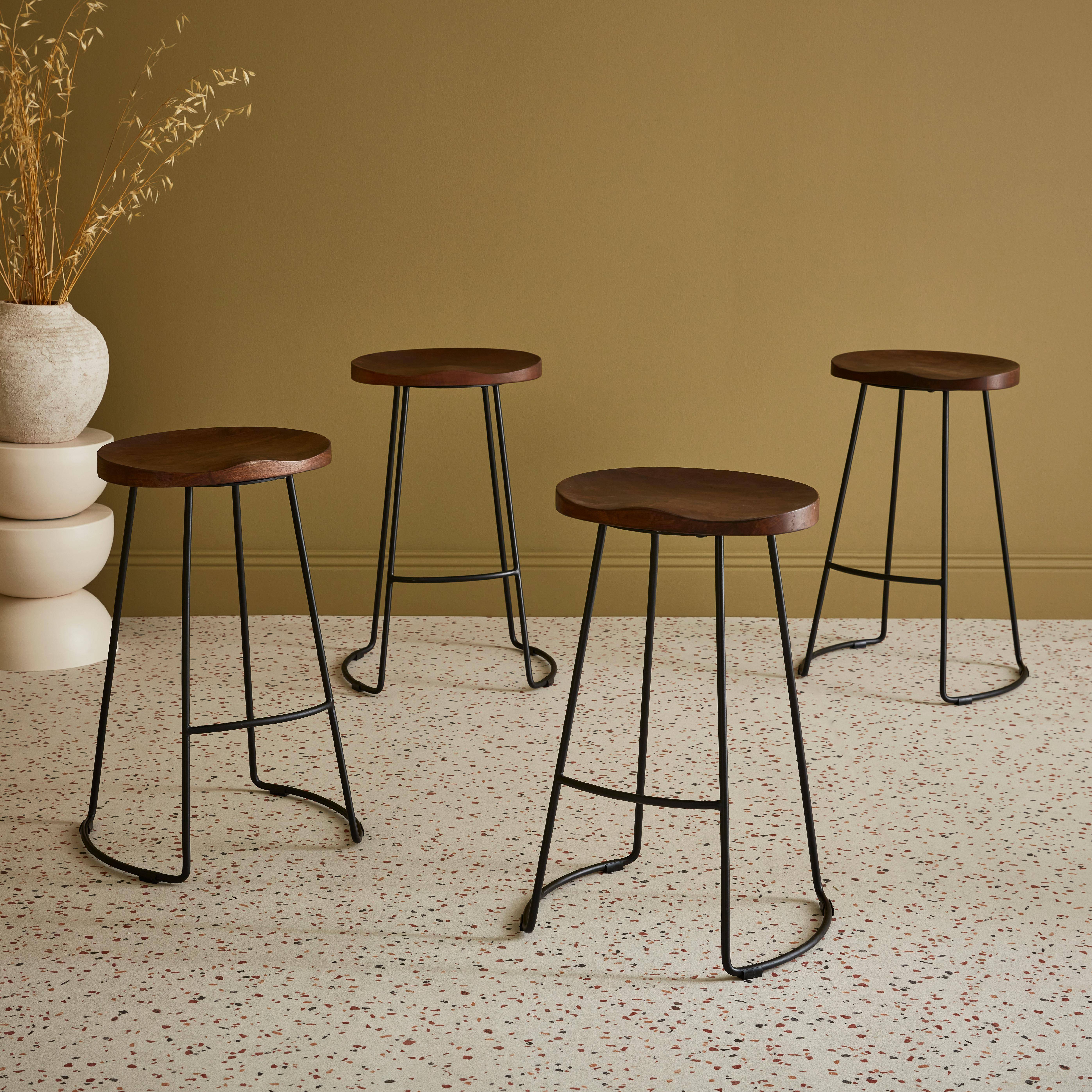 Set of 4 industrial metal and wooden bar stools, 44x36x65cm, Jaya, Light Walnut, Mango wood seat, black metal legs Photo1