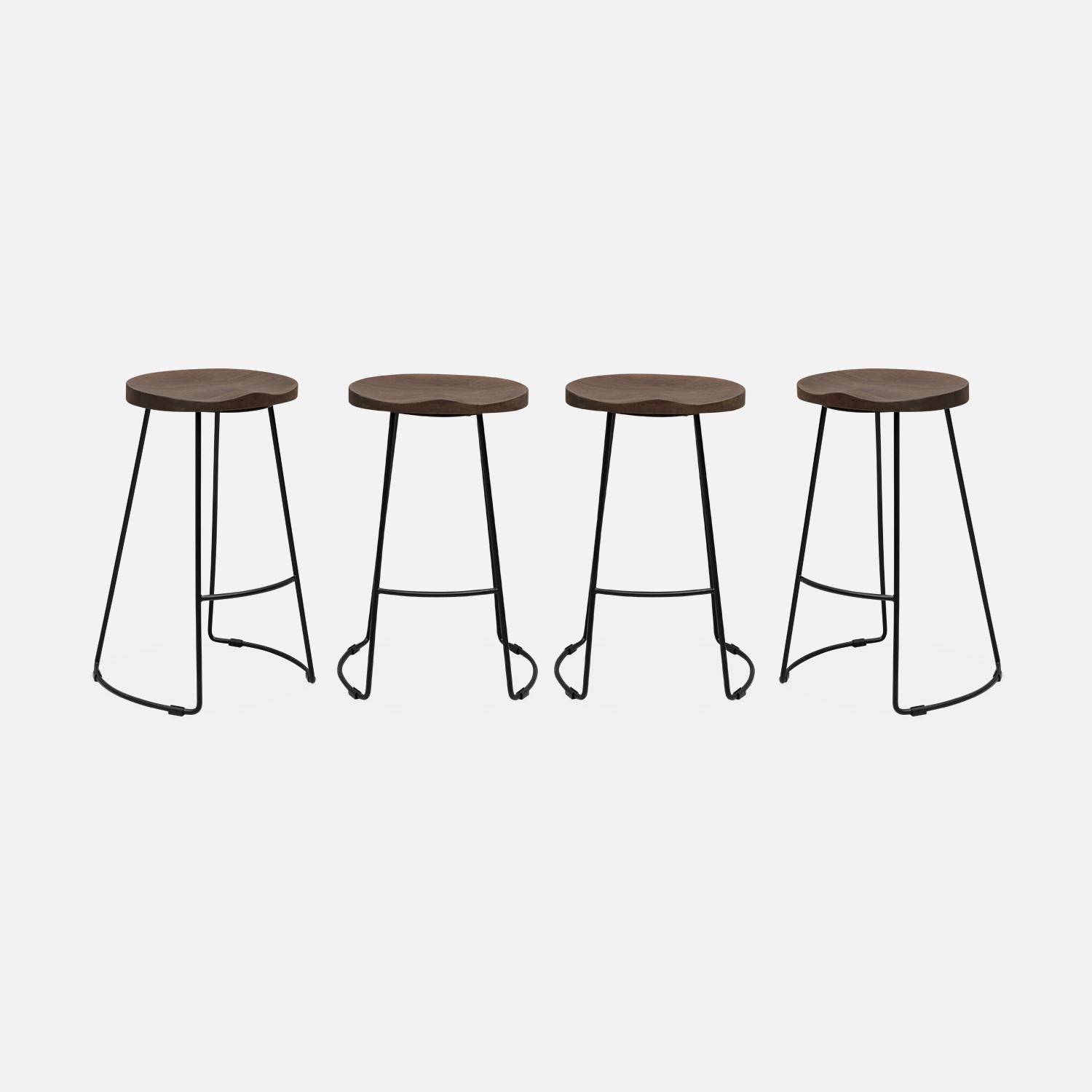 Set of 4 industrial metal and wooden bar stools, 44x36x65cm, Jaya, Light Walnut, Mango wood seat, black metal legs Photo4