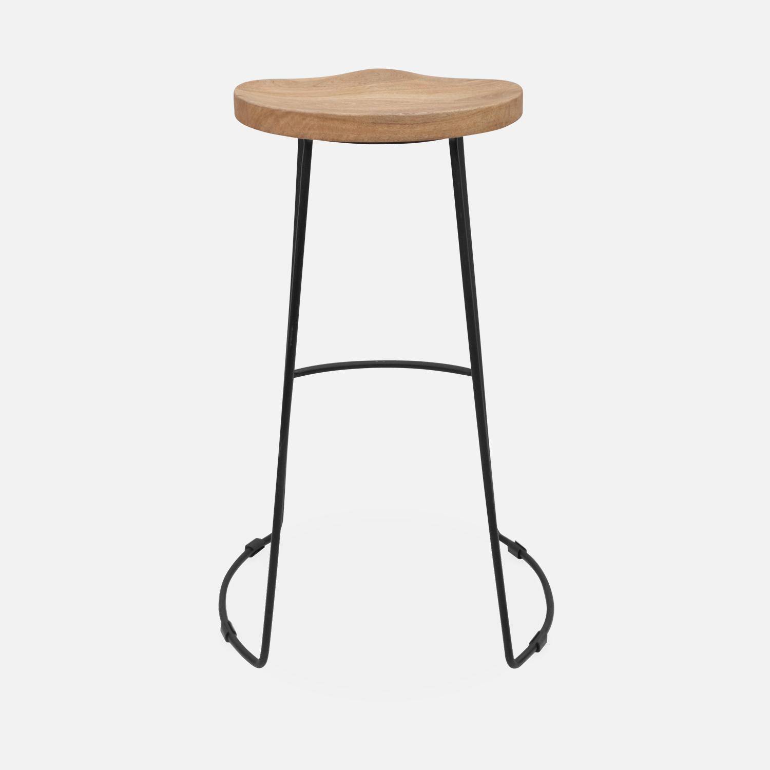 Pair of industrial metal and wooden bar stools, 47x40x75cm, Jaya, Natural, Mango wood seat, black metal legs Photo6
