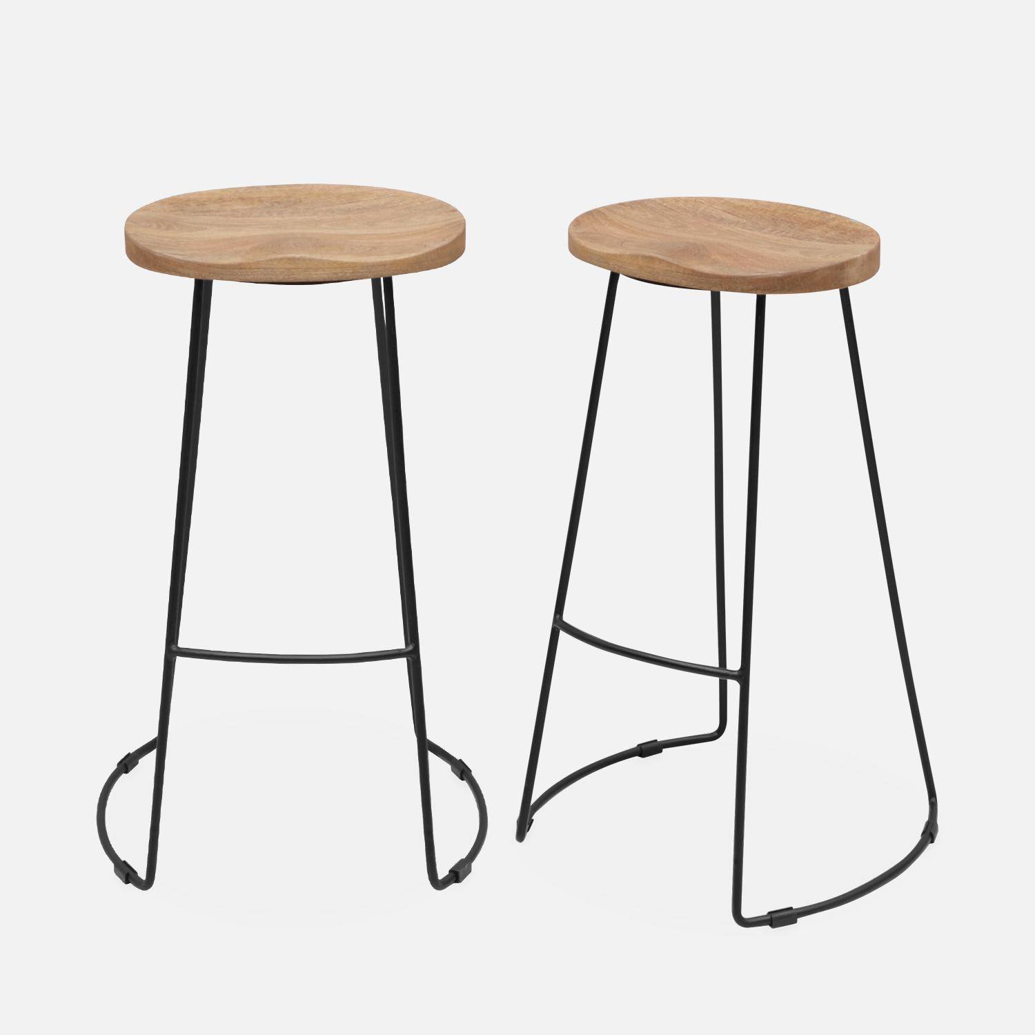 Pair of industrial metal and wooden bar stools, 47x40x75cm, Jaya, Natural, Mango wood seat, black metal legs Photo3