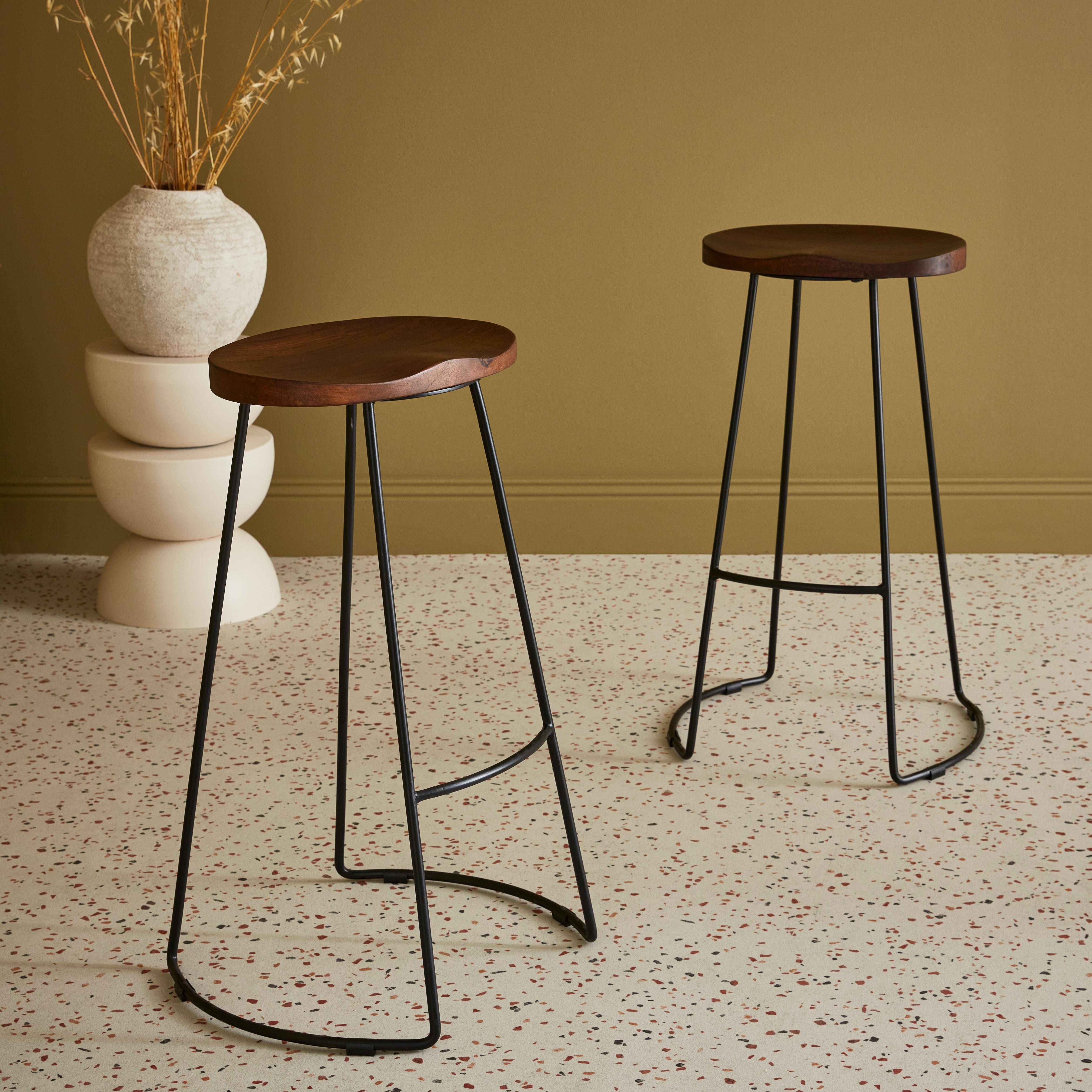 Pair of industrial metal and wooden bar stools, 47x40x75cm, Jaya, Light Walnut, Mango wood seat, black metal legs Photo1