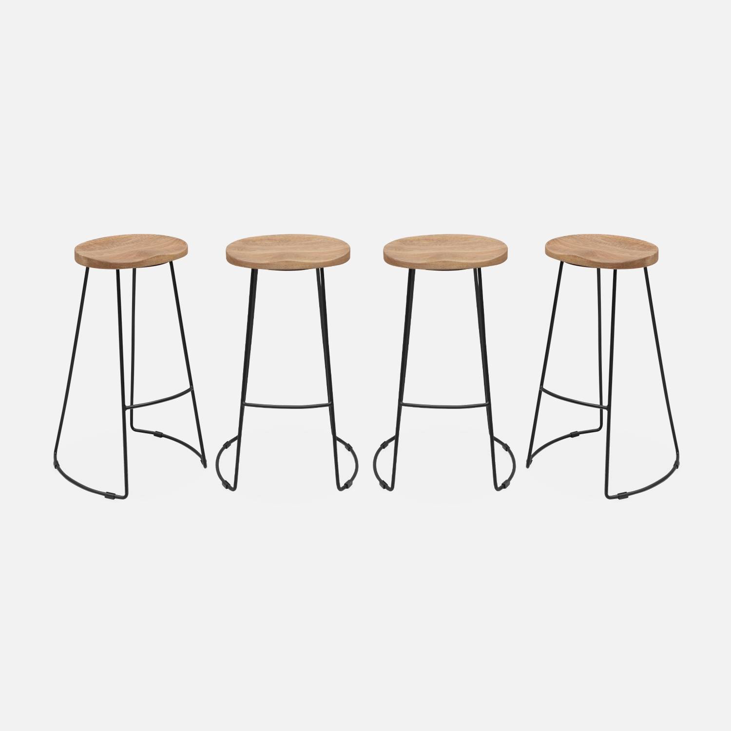 Set of 4 industrial metal and wooden bar stools, 47x40x75cm, Natural | sweeek