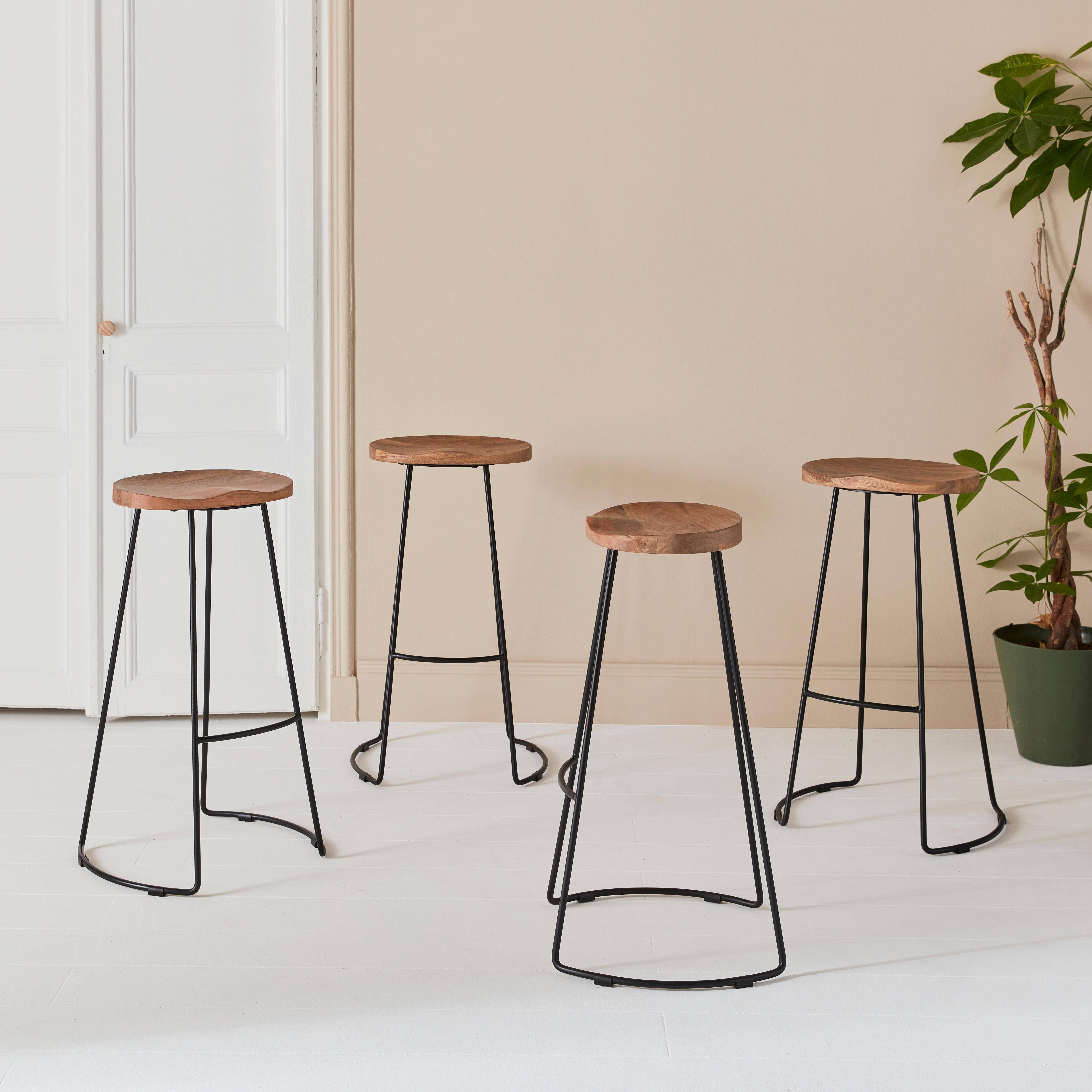 Set of 4 industrial metal and wooden bar stools, 47x40x75cm, Jaya, Mango wood seat, black metal legs,sweeek,Photo2