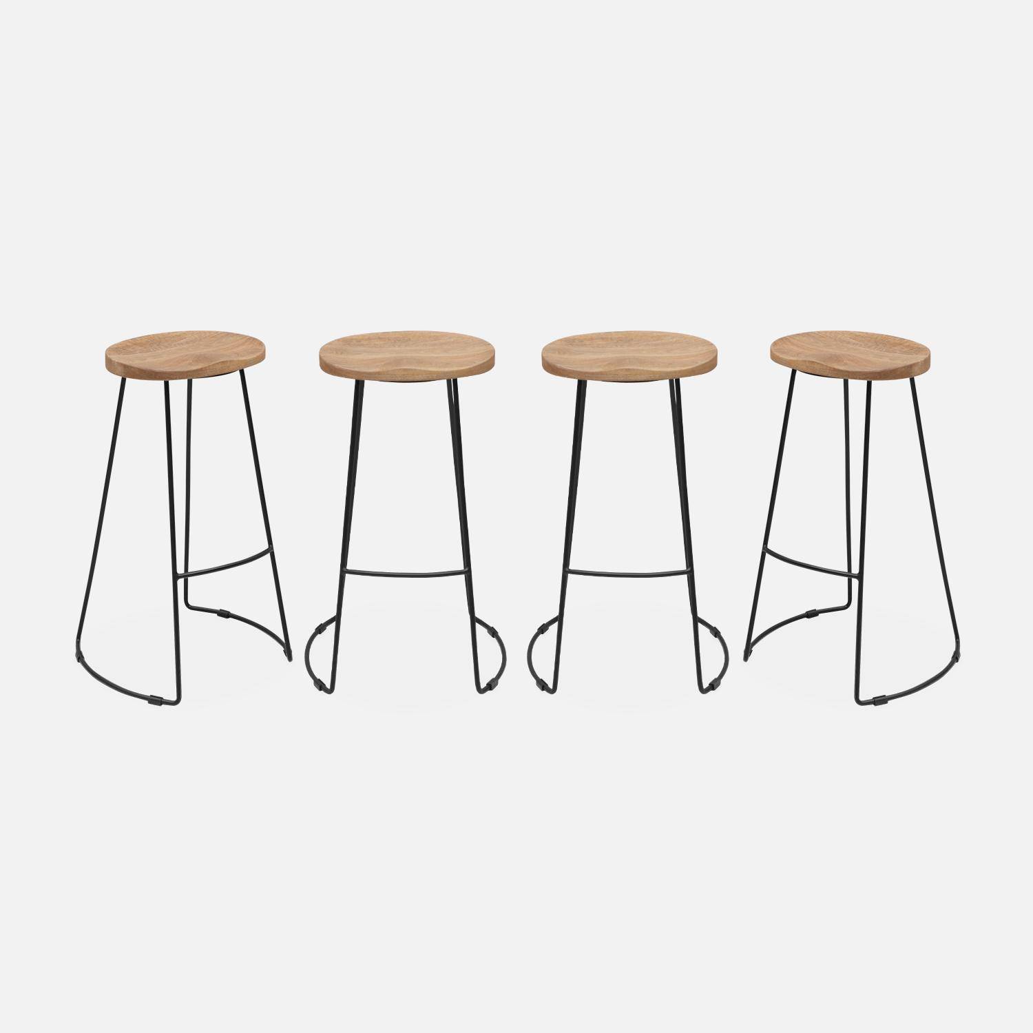 Set of 4 industrial metal and wooden bar stools, 47x40x75cm, Jaya, Mango wood seat, black metal legs Photo3