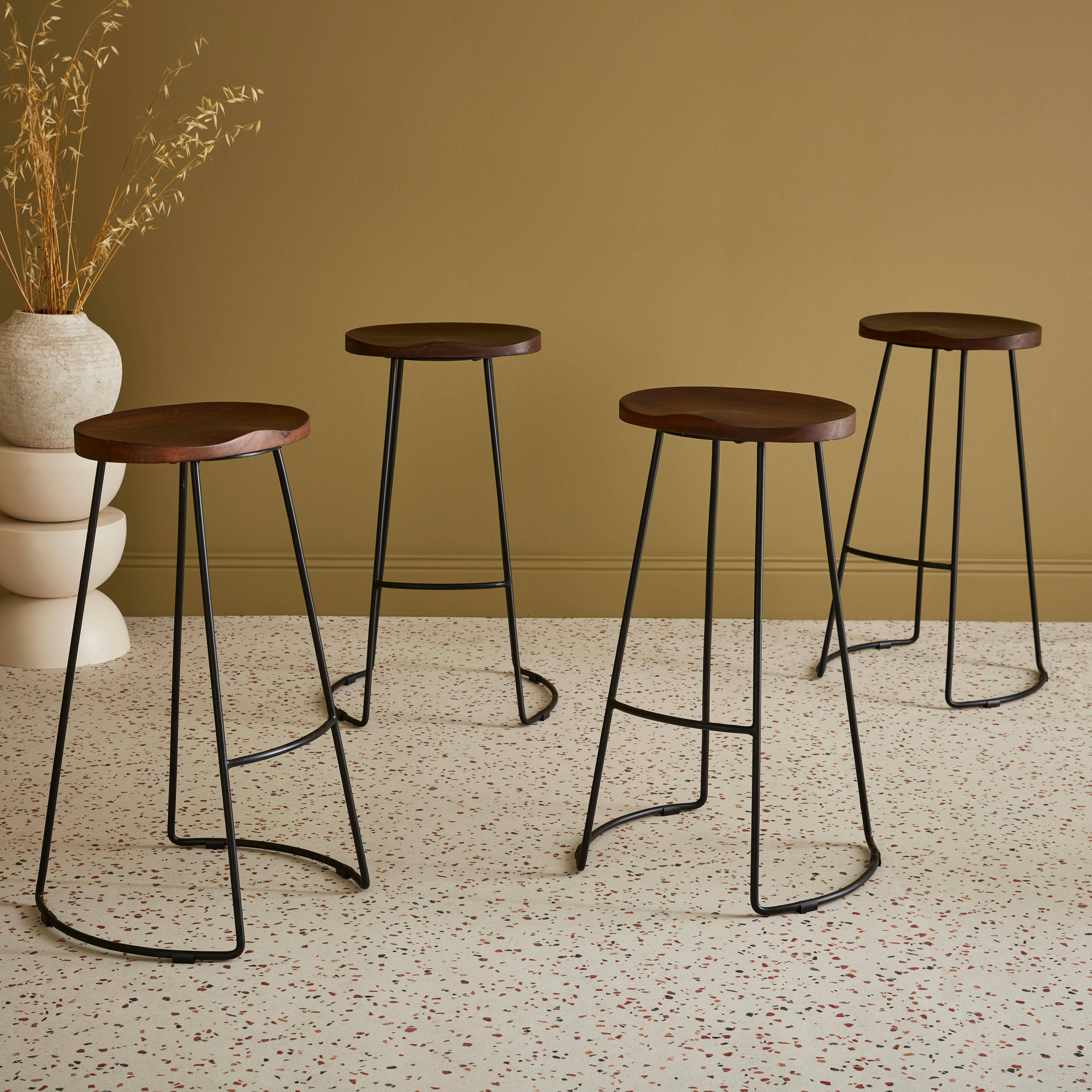 Set of 4 industrial metal and wooden bar stools, 47x40x75cm, Jaya, Light Walnut, Mango wood seat, black metal legs,sweeek,Photo1