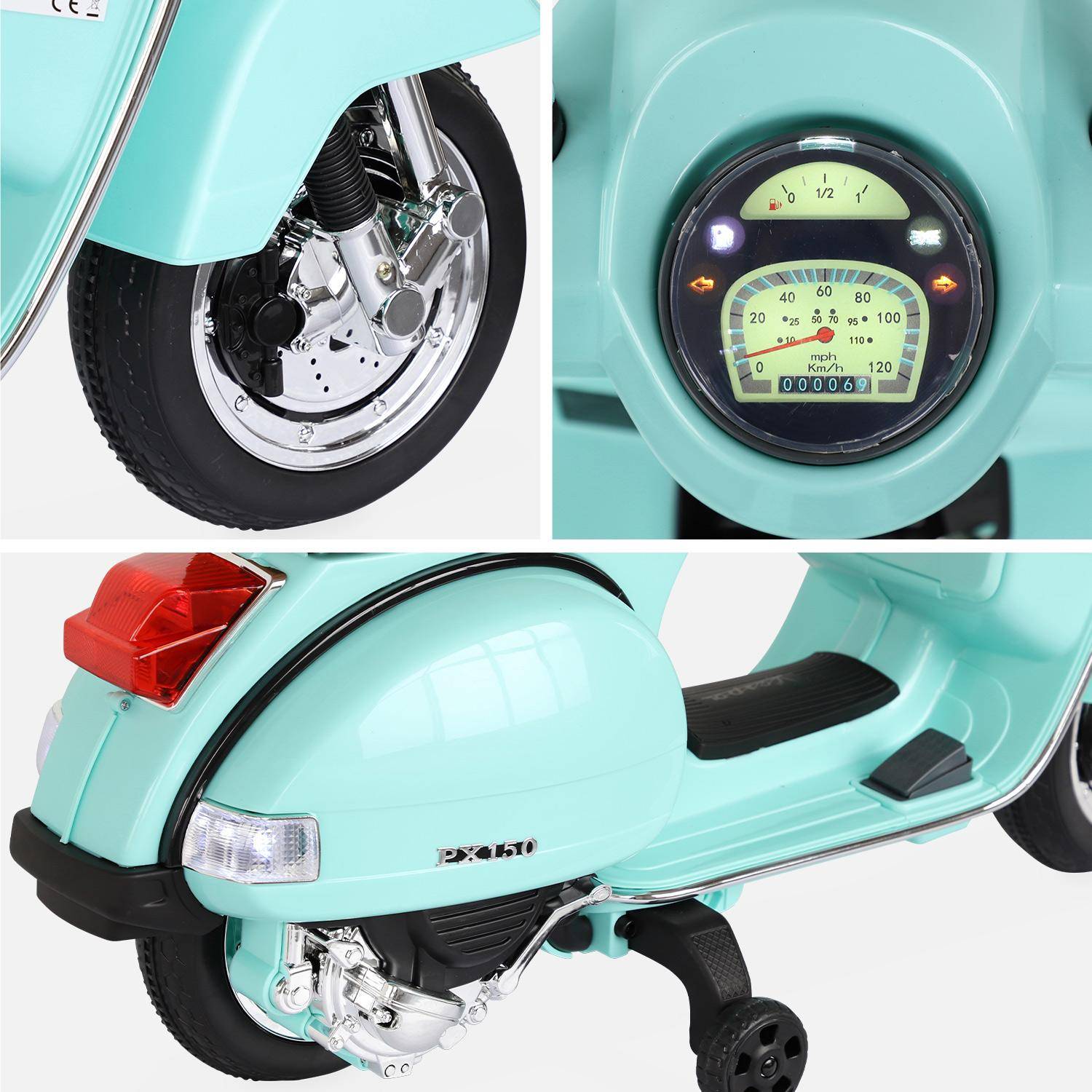 Vespa vert d'eau PX150, scooter électrique pour enfants 12V 4.5Ah, 1 place avec autoradio Photo3