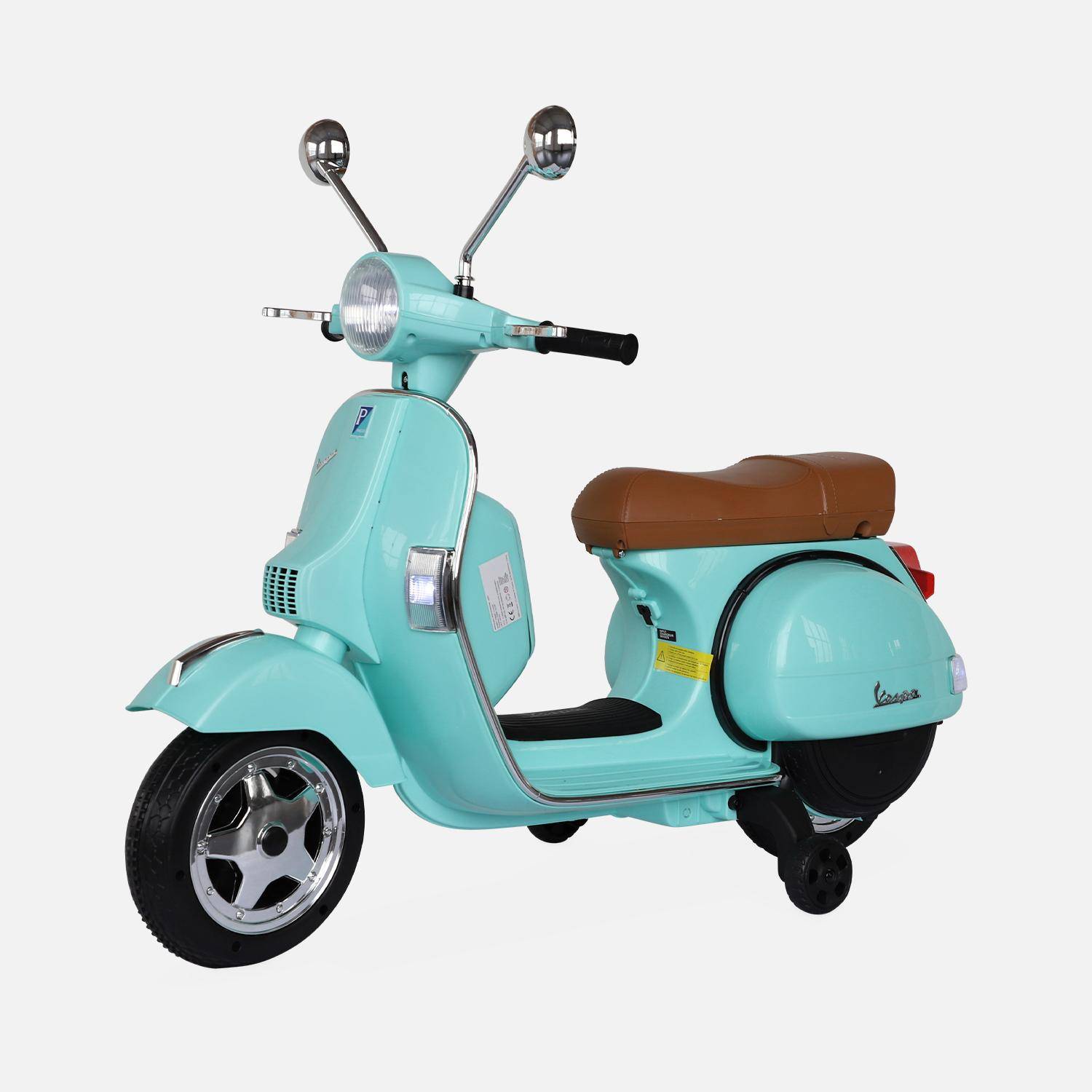 Vespa vert d'eau PX150, scooter électrique pour enfants 12V 4.5Ah, 1 place avec autoradio Photo1