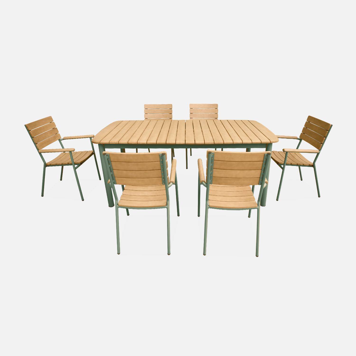 Table de jardin bois eucalyptus et aluminium 190cm,  Samana, avec lot de 6 chaises empilables, structure vert d'eau Photo5