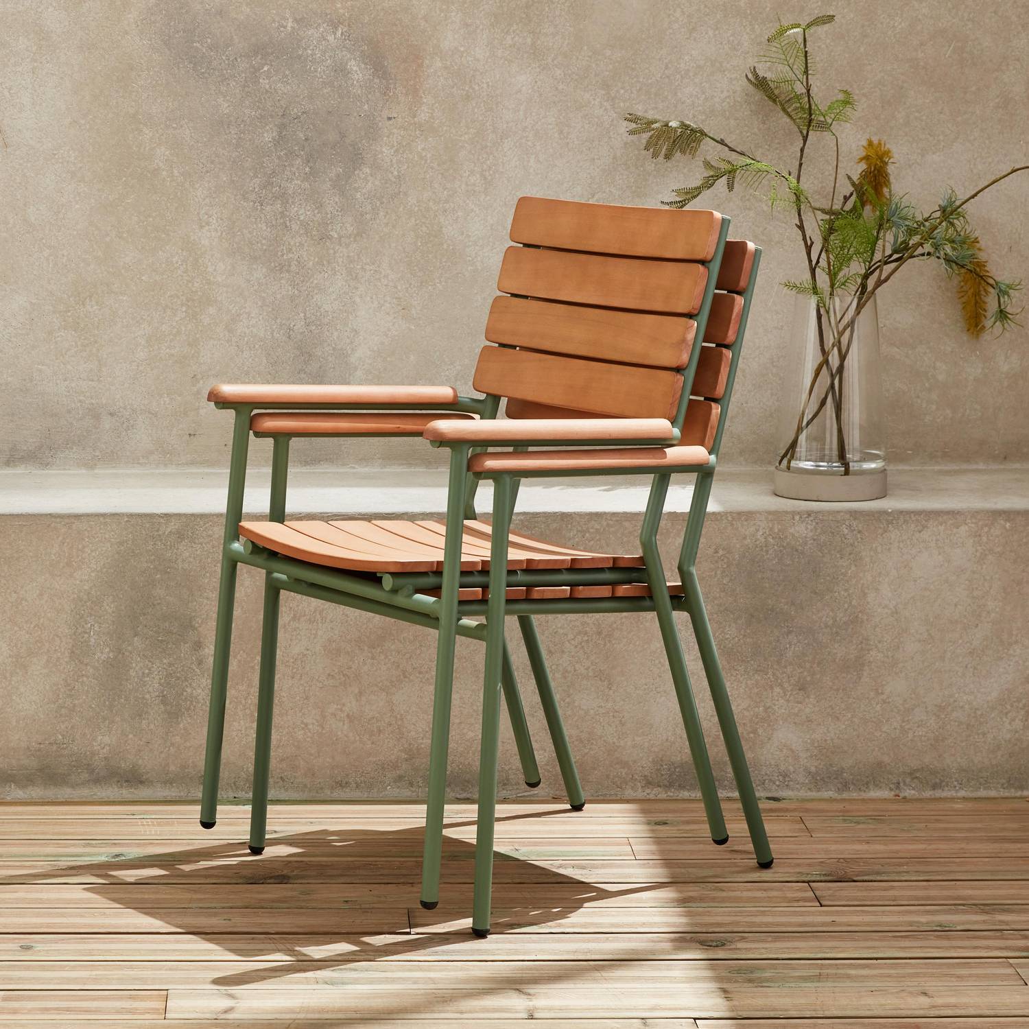 Table de jardin bois eucalyptus et aluminium 190cm,  Samana, avec lot de 6 chaises empilables, structure vert d'eau Photo3