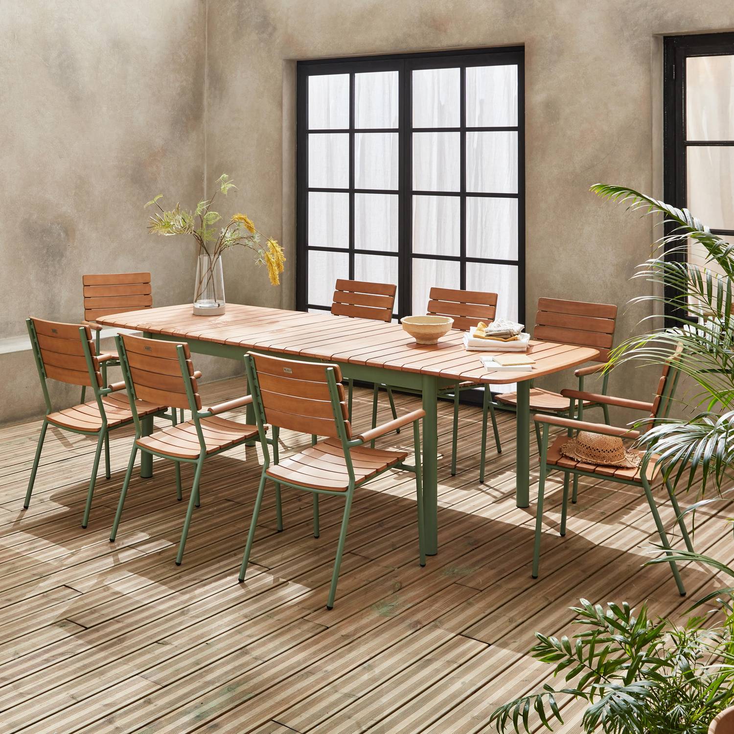 Table de jardin bois eucalyptus et aluminium 190/253cm,  Samana,  avec lot de 8 chaises empilables, structure vert d'eau Photo1