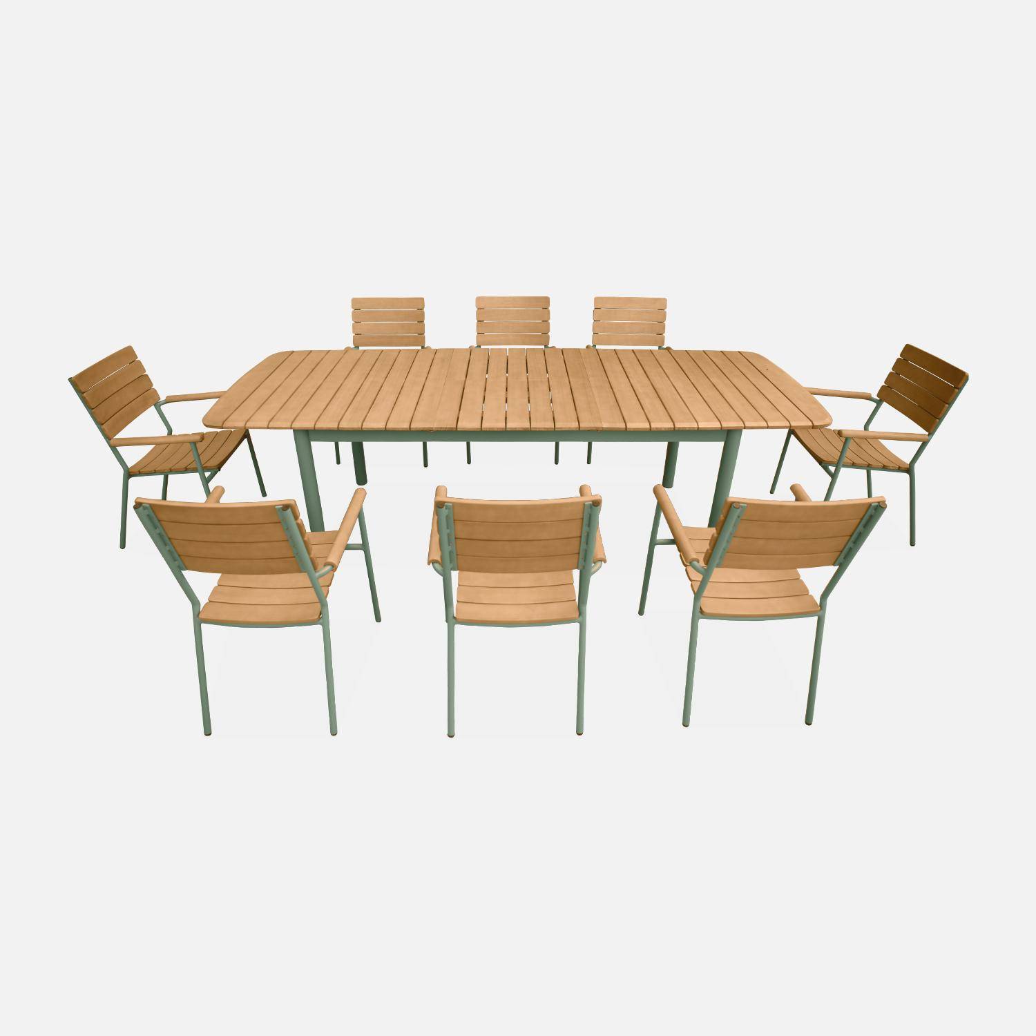 Table de jardin bois eucalyptus et aluminium 190/253cm,  Samana,  avec lot de 8 chaises empilables, structure vert d'eau Photo5