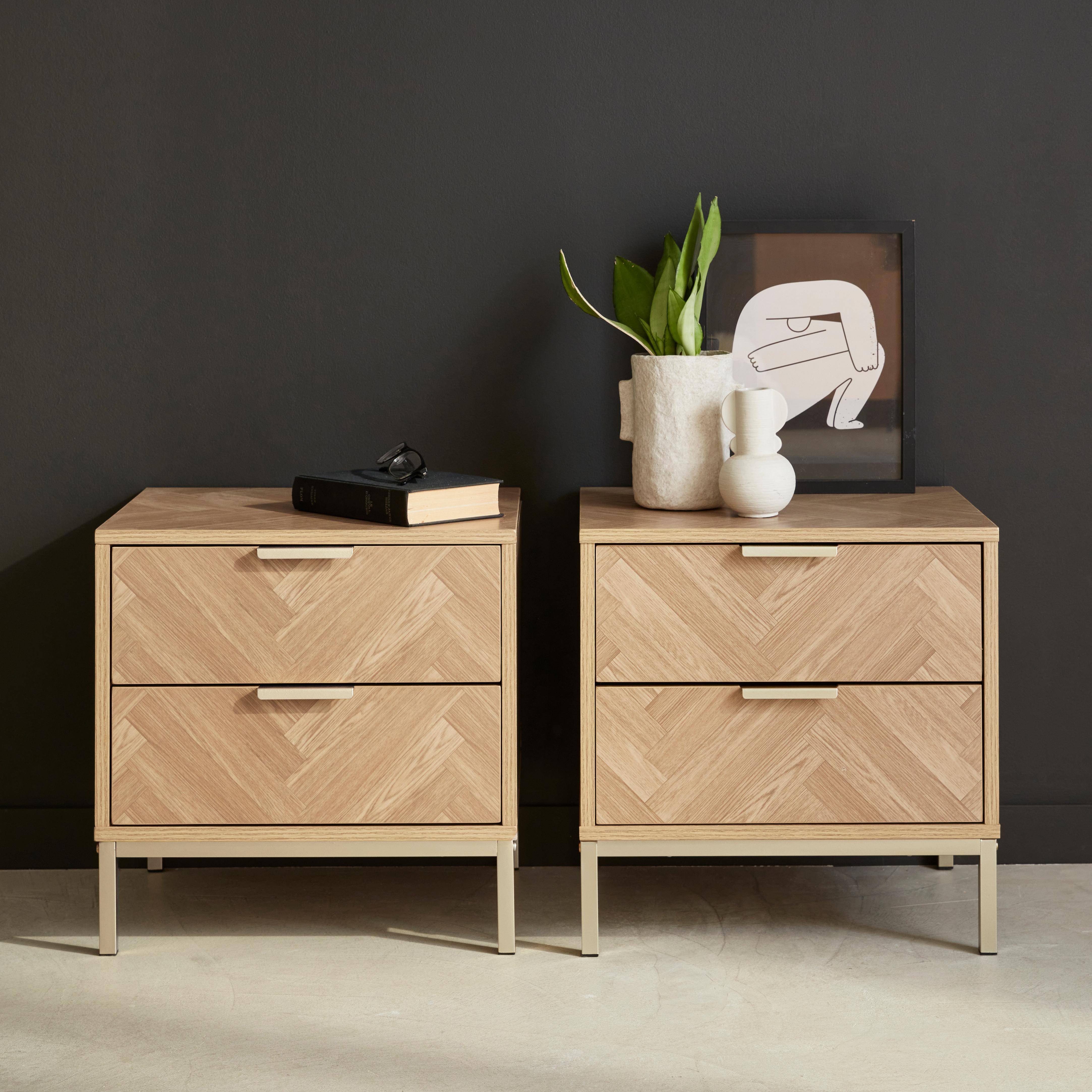 Pair of  contemporary Herringbone bedside table with 2 drawers Photo2
