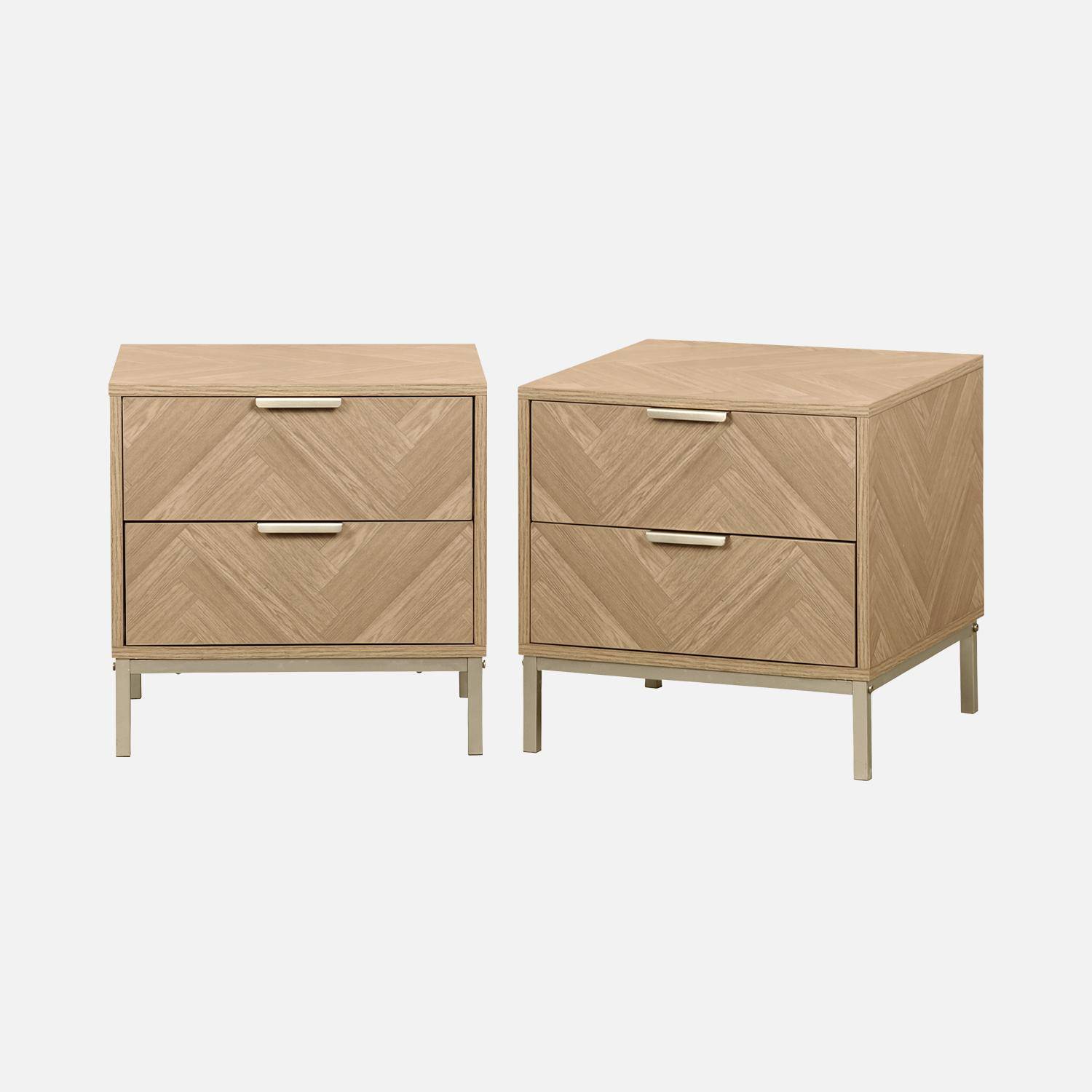 thumbnail interactive-video image 1 of HOMCOM Walnut Brown Two-Drawer Herringbone Bedside Nightstand With Metal Handles 1 of 3