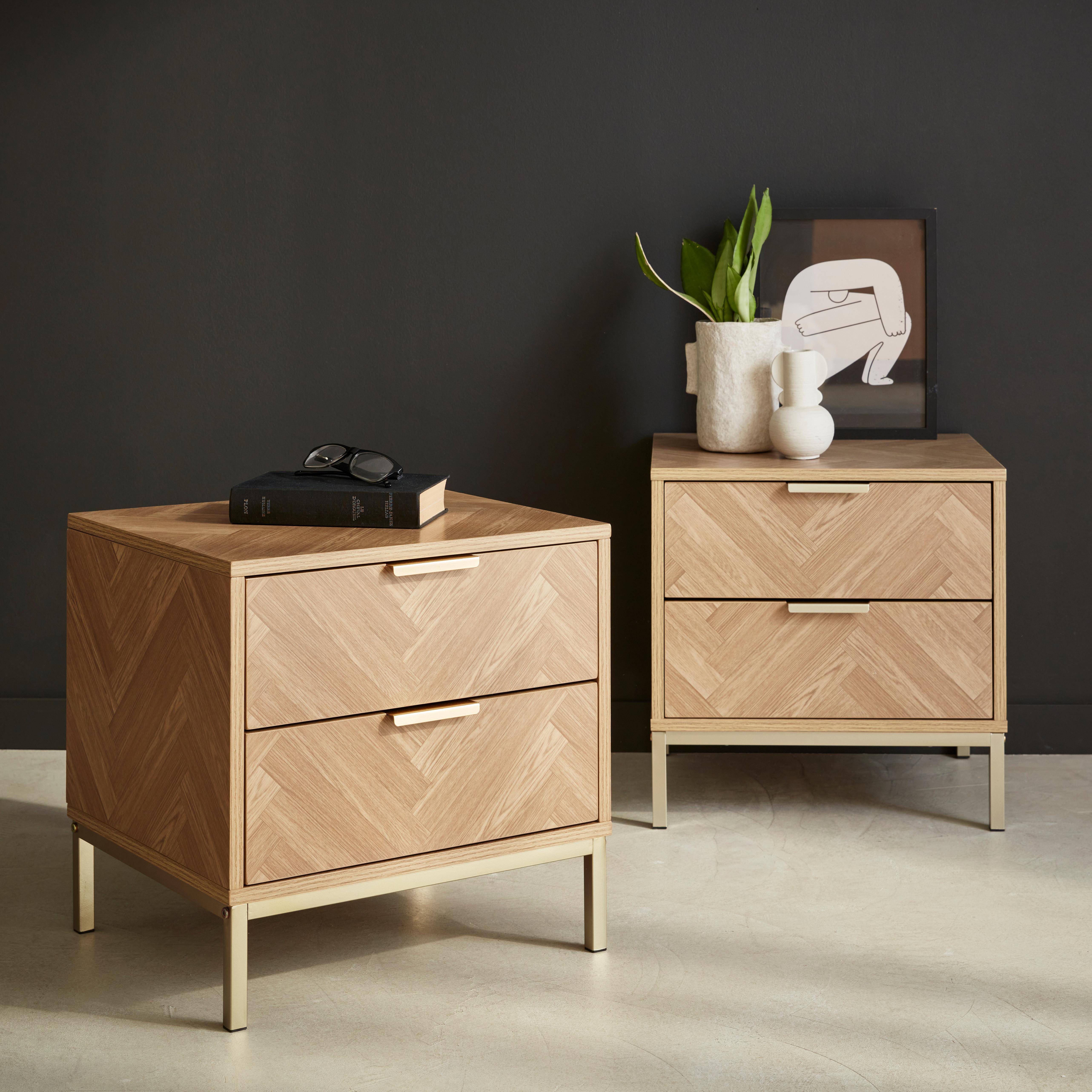 Pair of  contemporary Herringbone bedside table with 2 drawers Photo1