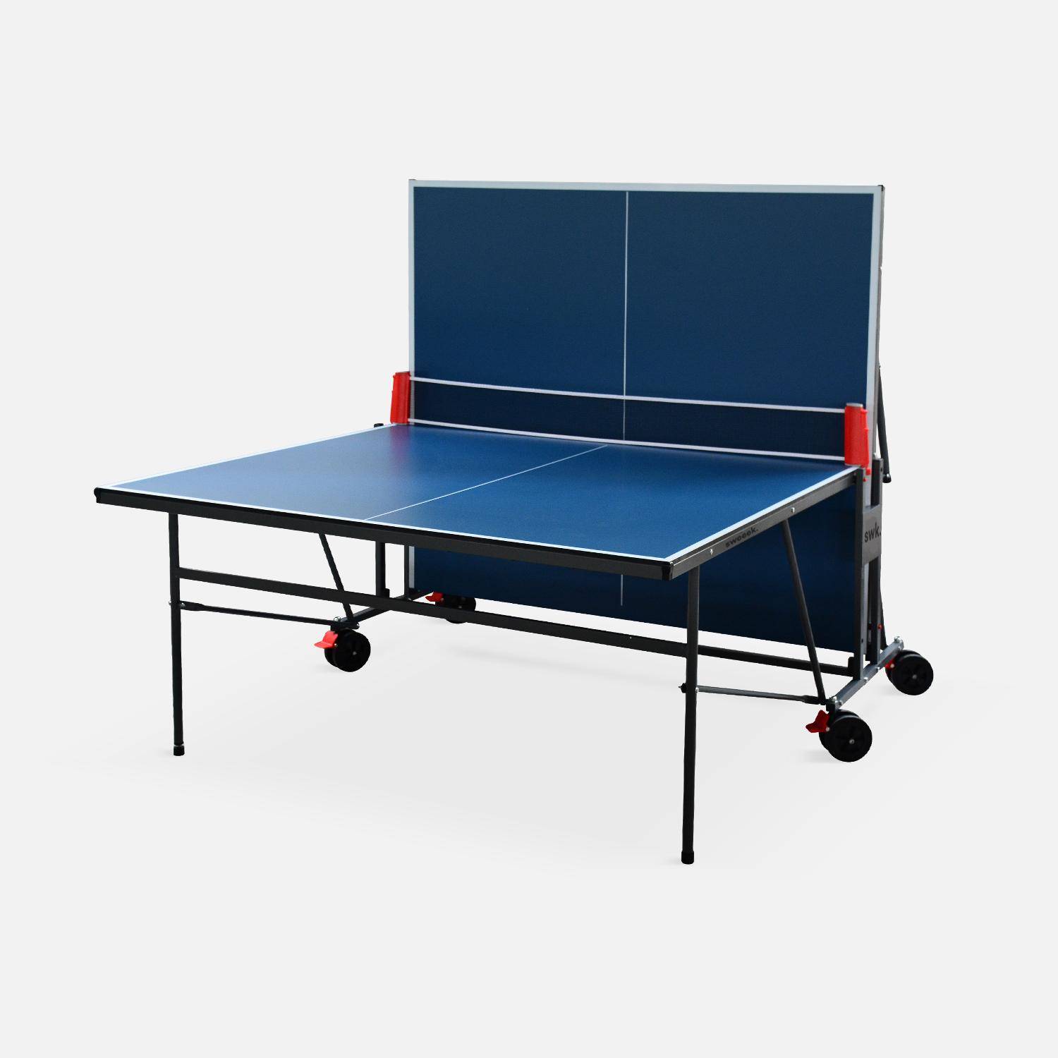 Table de ping pong INDOOR bleue, avec 2 raquettes et 3 balles, utilisation intérieure + Housse en PVC Photo3