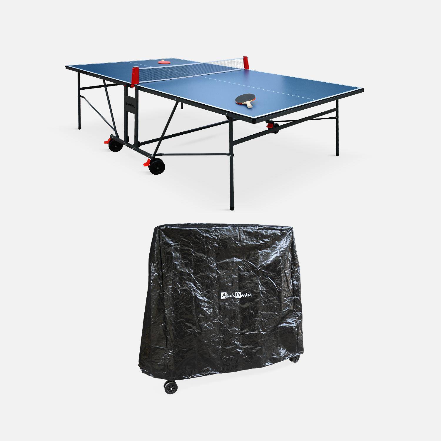 Table de ping pong INDOOR bleue, avec 2 raquettes et 3 balles, utilisation intérieure + Housse en PVC Photo1