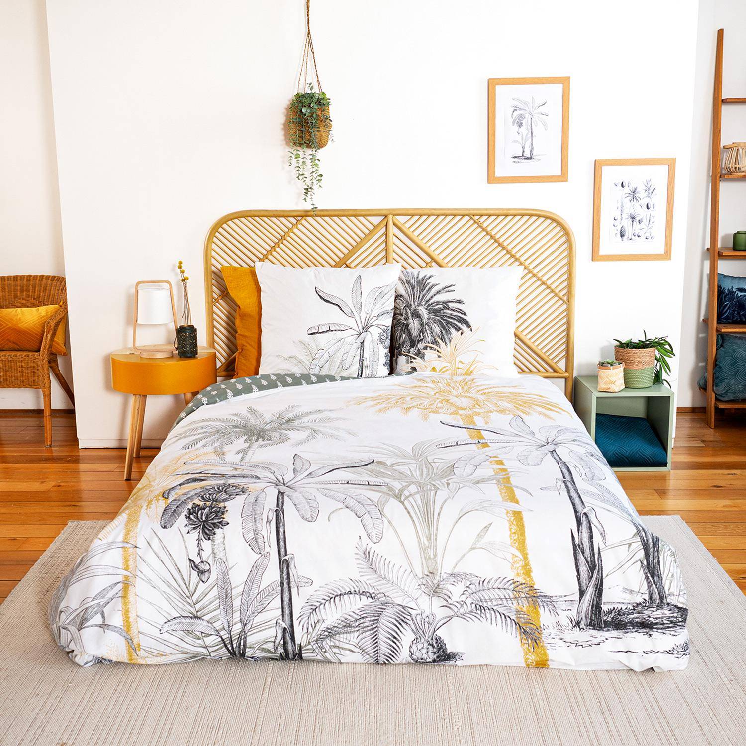 Parure de lit réversible imprimé palmiers en coton adouci, Palmera, 1 housse de couette, deux taies d'oreiller 240x220cm Photo1