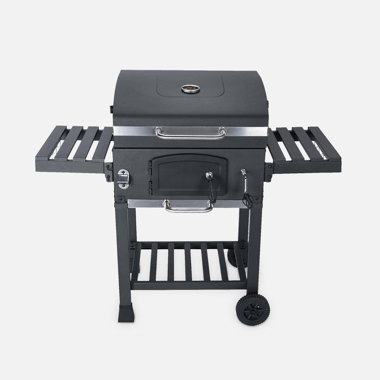 Barbecue Grill charbon de bois noir - Fumoir avec récupérateur de cendres, aérateurs, bac charbon ajustable et tablettes rabattables + Housse en PVC Photo3
