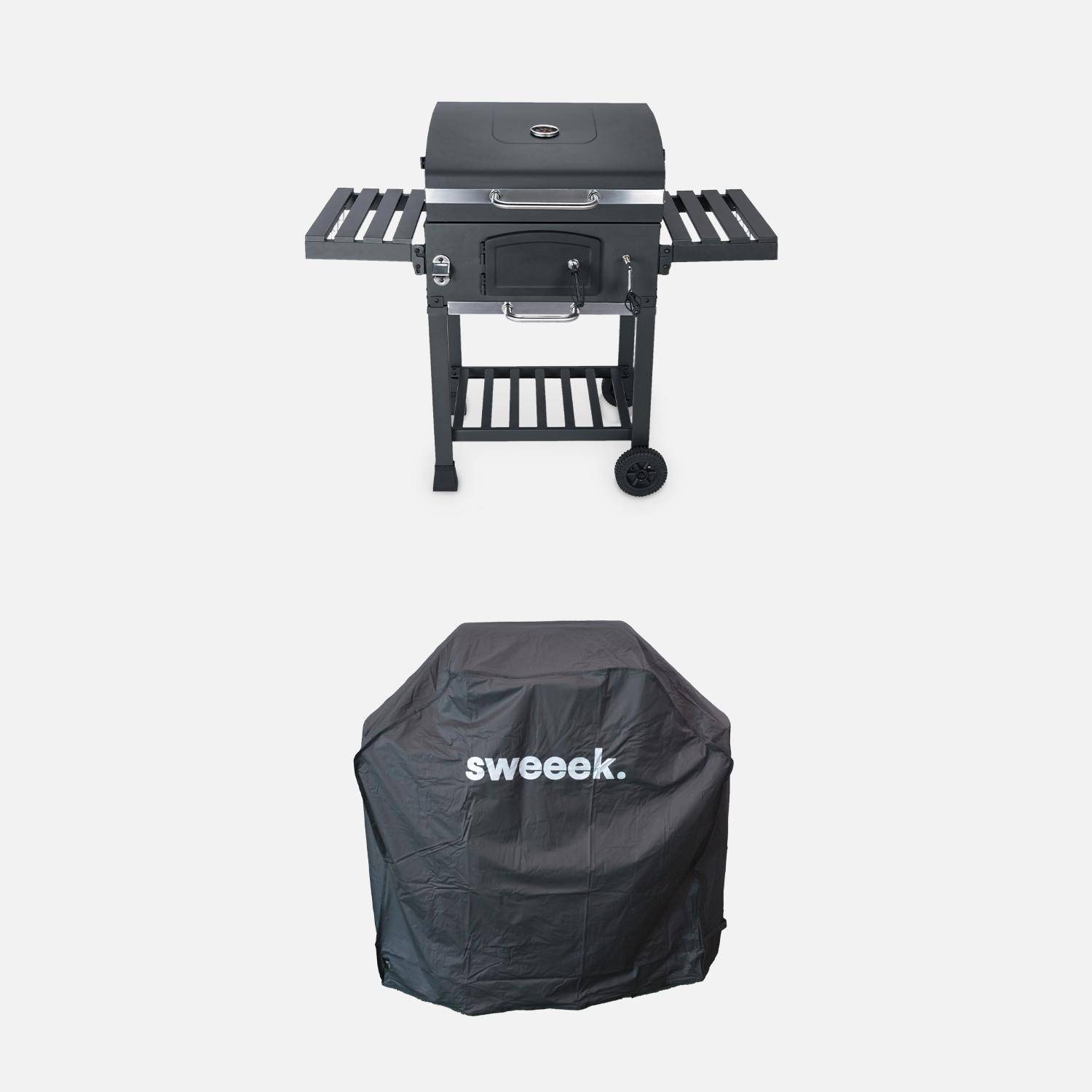 Barbecue Grill charbon de bois noir - Fumoir avec récupérateur de cendres, aérateurs, bac charbon ajustable et tablettes rabattables + Housse en PVC,sweeek,Photo1